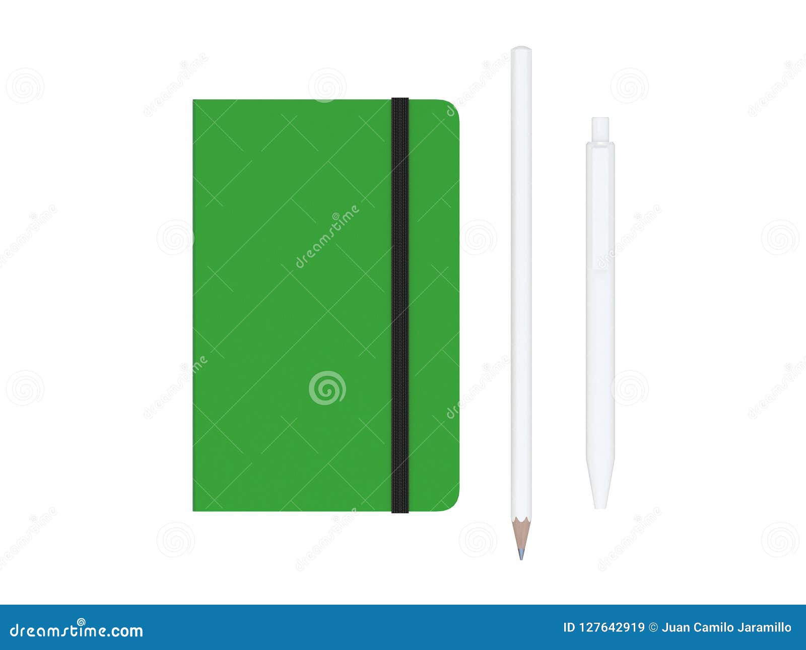green moleskine or notebook with pen and pencil and a black strap front or top view  on a white background 3d rendering