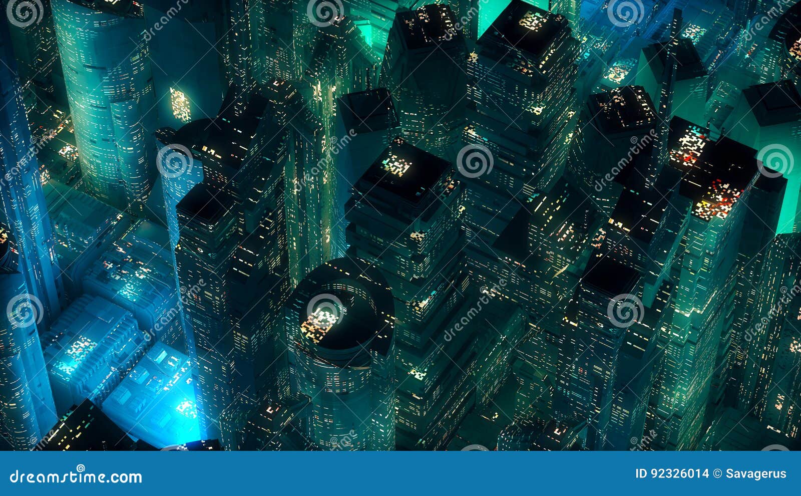 Green Neon City Skyscrapers Modern Technology Concept Stock