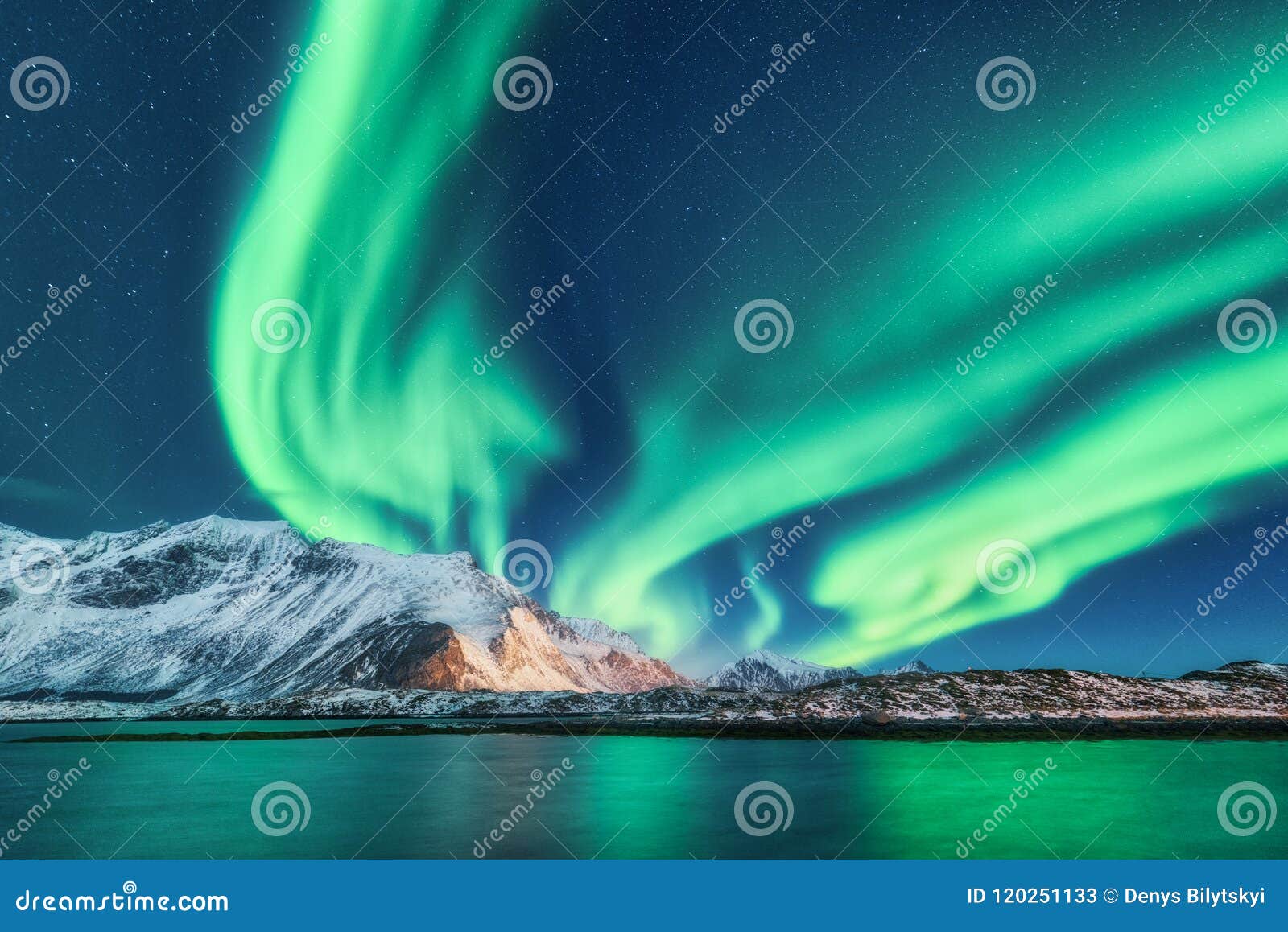 green northern lights in lofoten islands, norway. aurora borealis