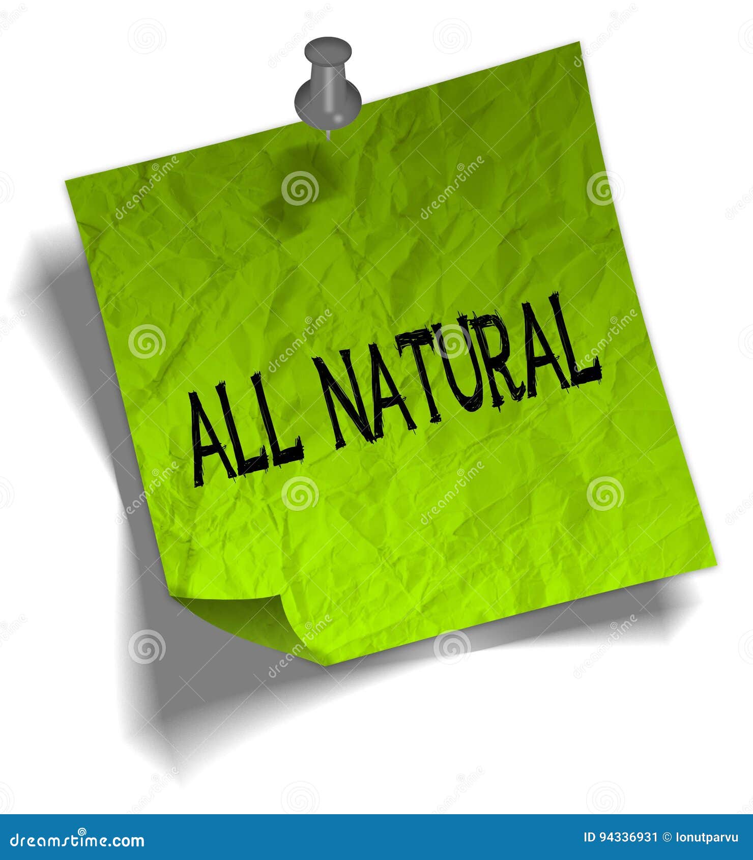 Green Note Paper with ALL NATURAL Message and Push Pin Illustration