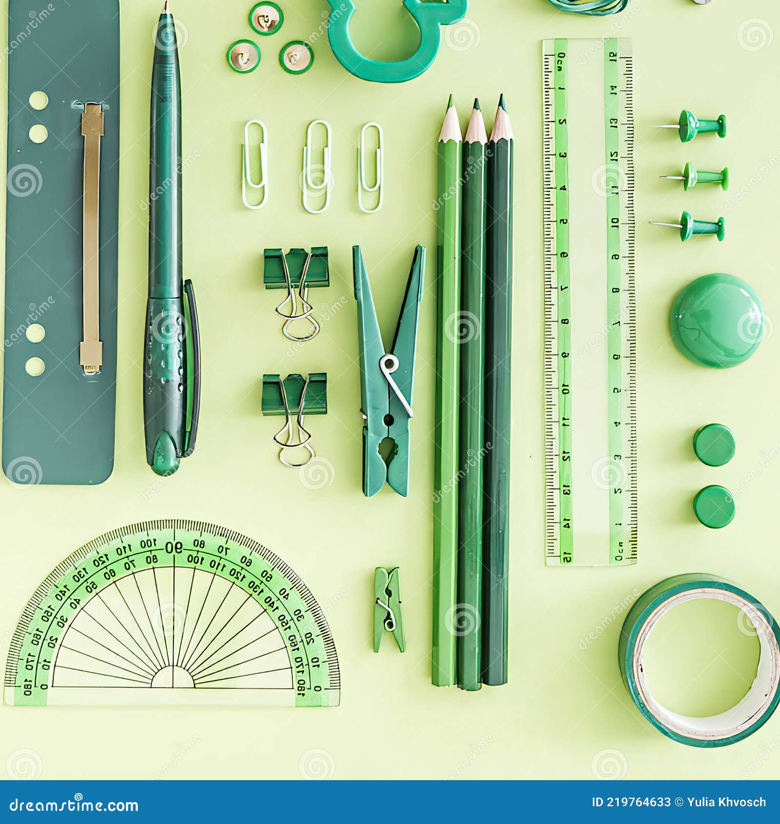 Green Office Supplies on Green Background. Stock Image Image of life