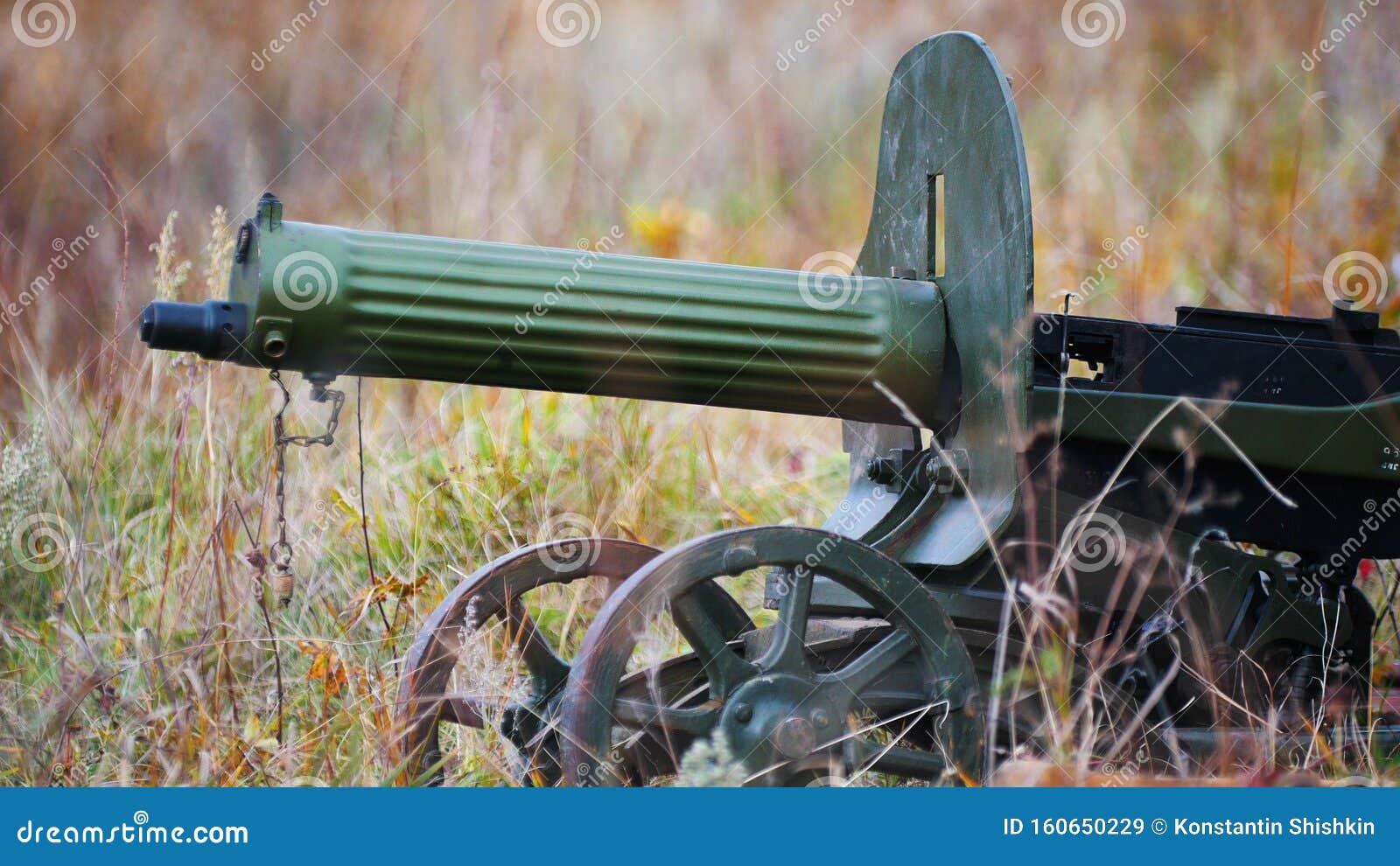 A Green Old Machine Gun Standing on the Field Stock Image Image of
