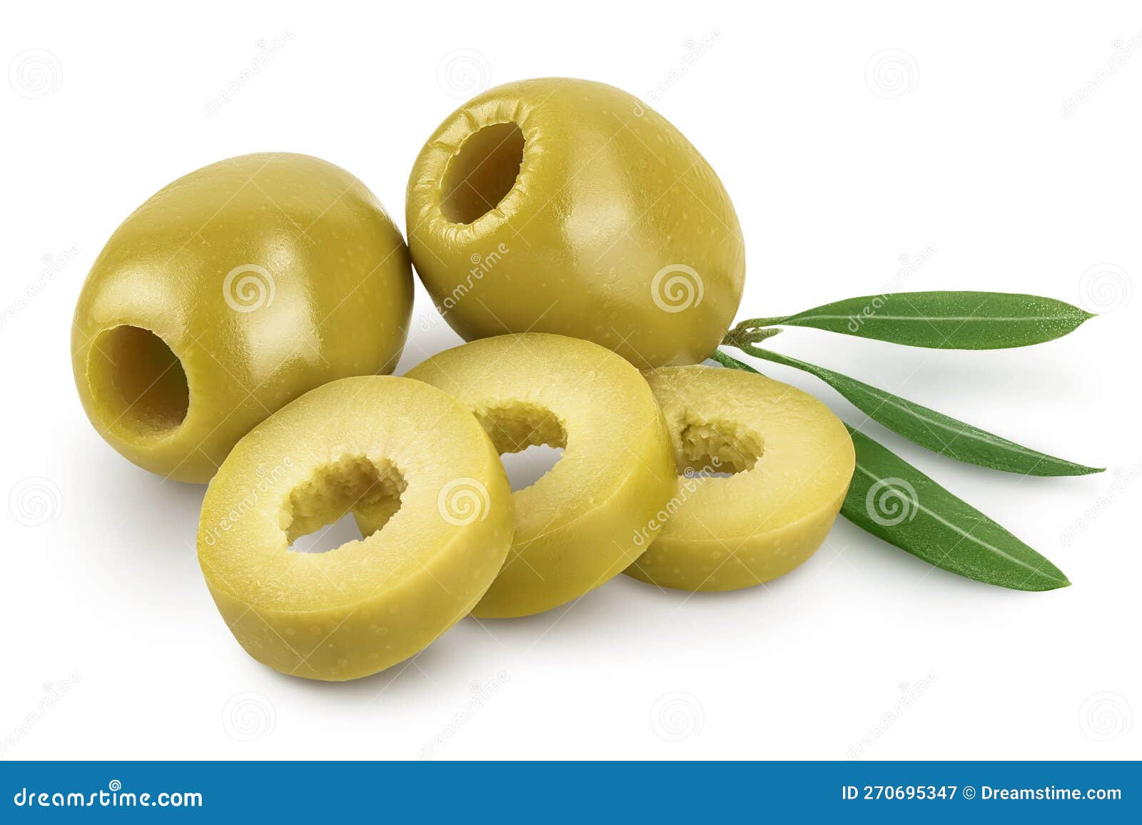 Green Olives with Leaves Isolated on a White Background with Full Depth