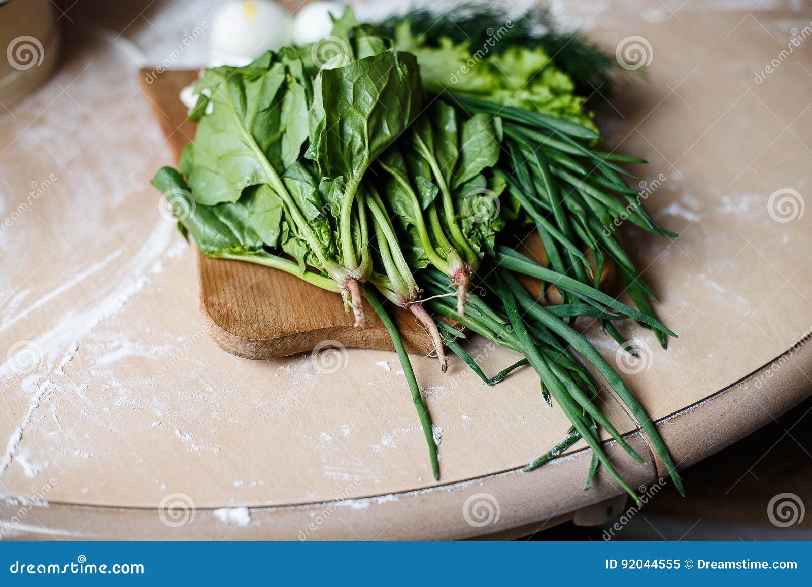 Green Onion, Dill, Sorrel, Lettuce and Spinach on the Table Stock Image