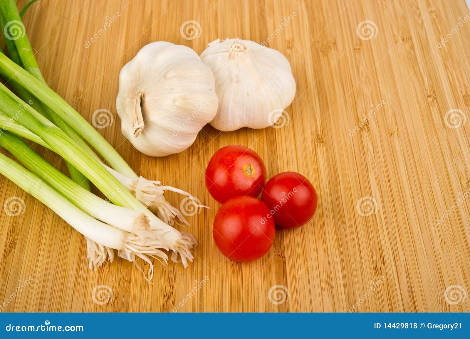 Green Onions, Tomatoes, and Garlic on Cutting Boar Stock Photo Image of tasty, cutting 14429818