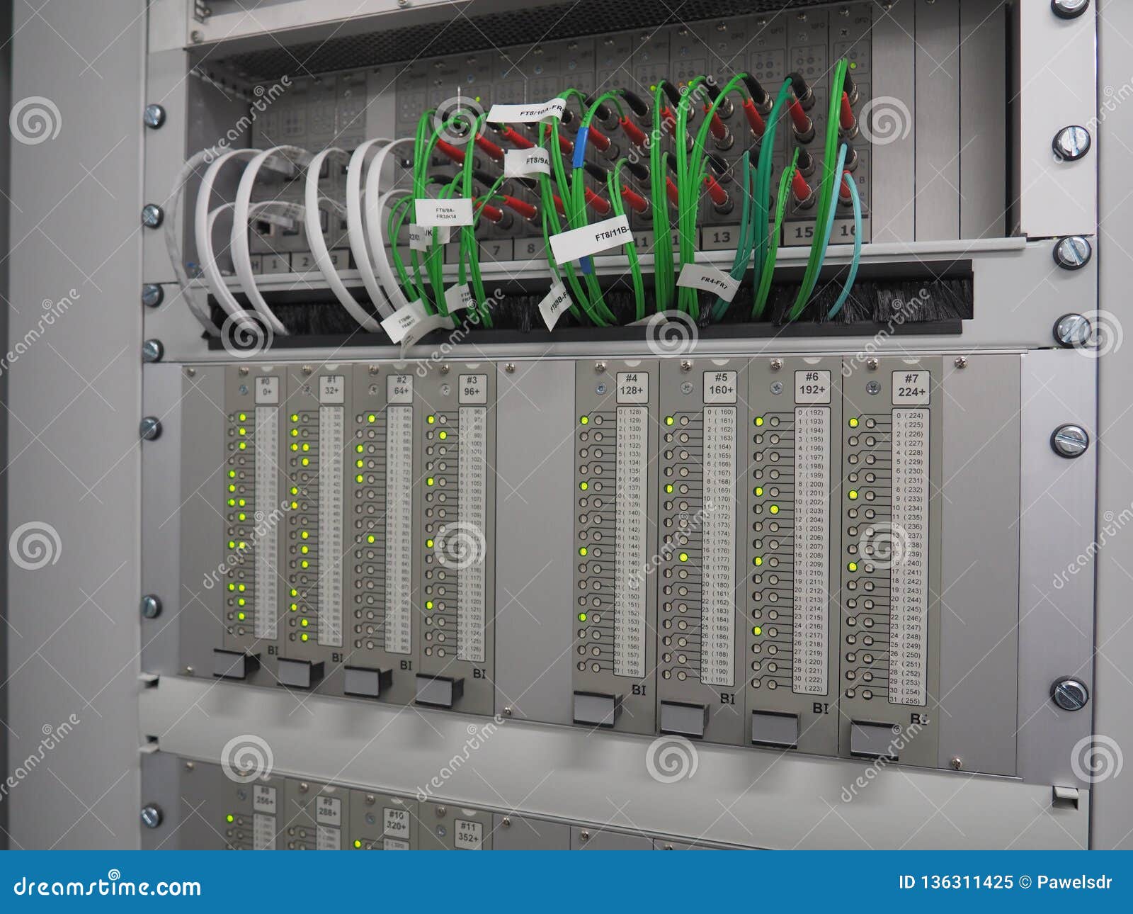 Green Optic Fiber Cables and Green Lighting Indicators Stock Image Image of gray