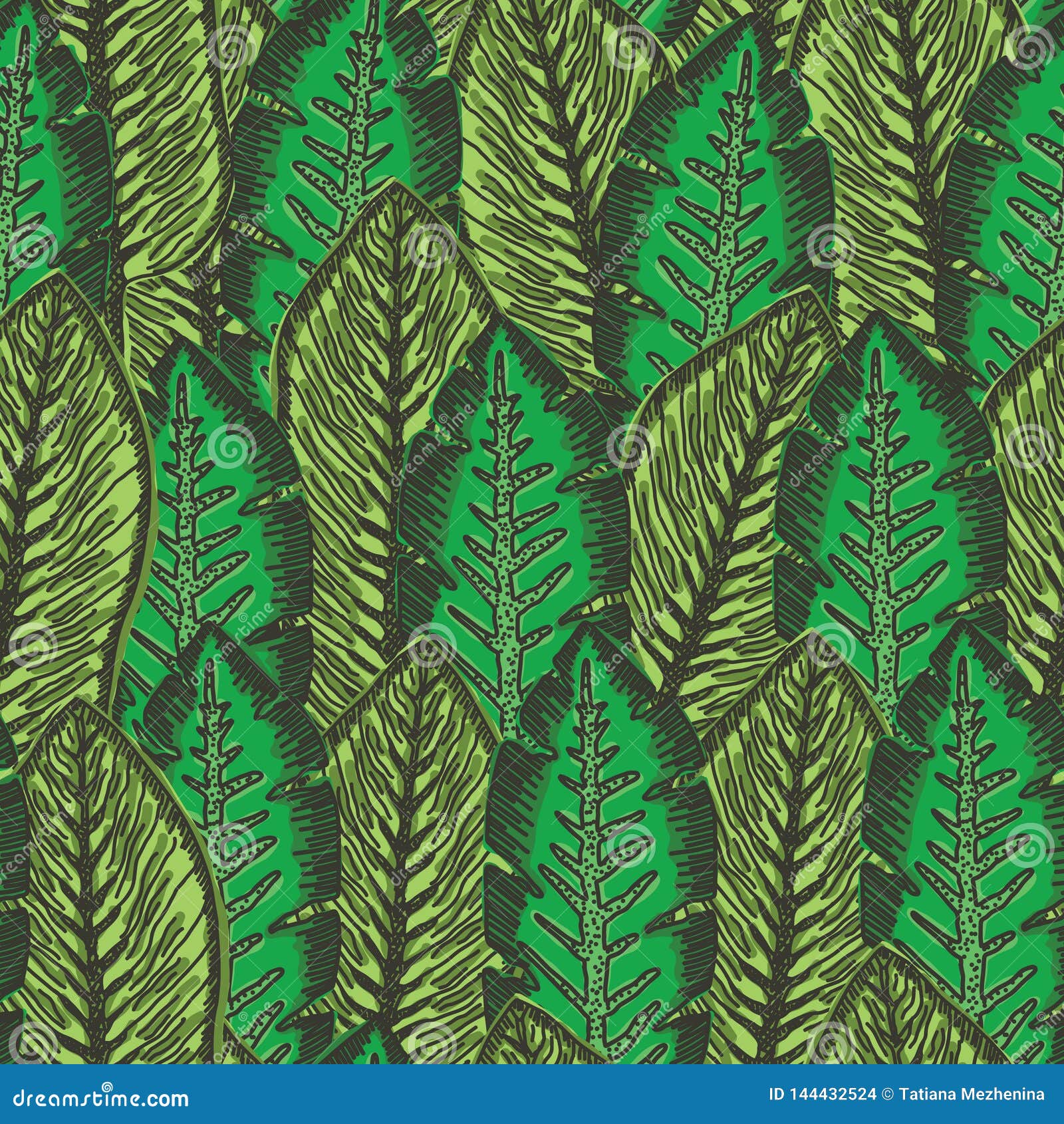 Download Green Pattern With Overlapping Tropical Leaves Stock Vector Illustration Of Fashion Exotic 144432524