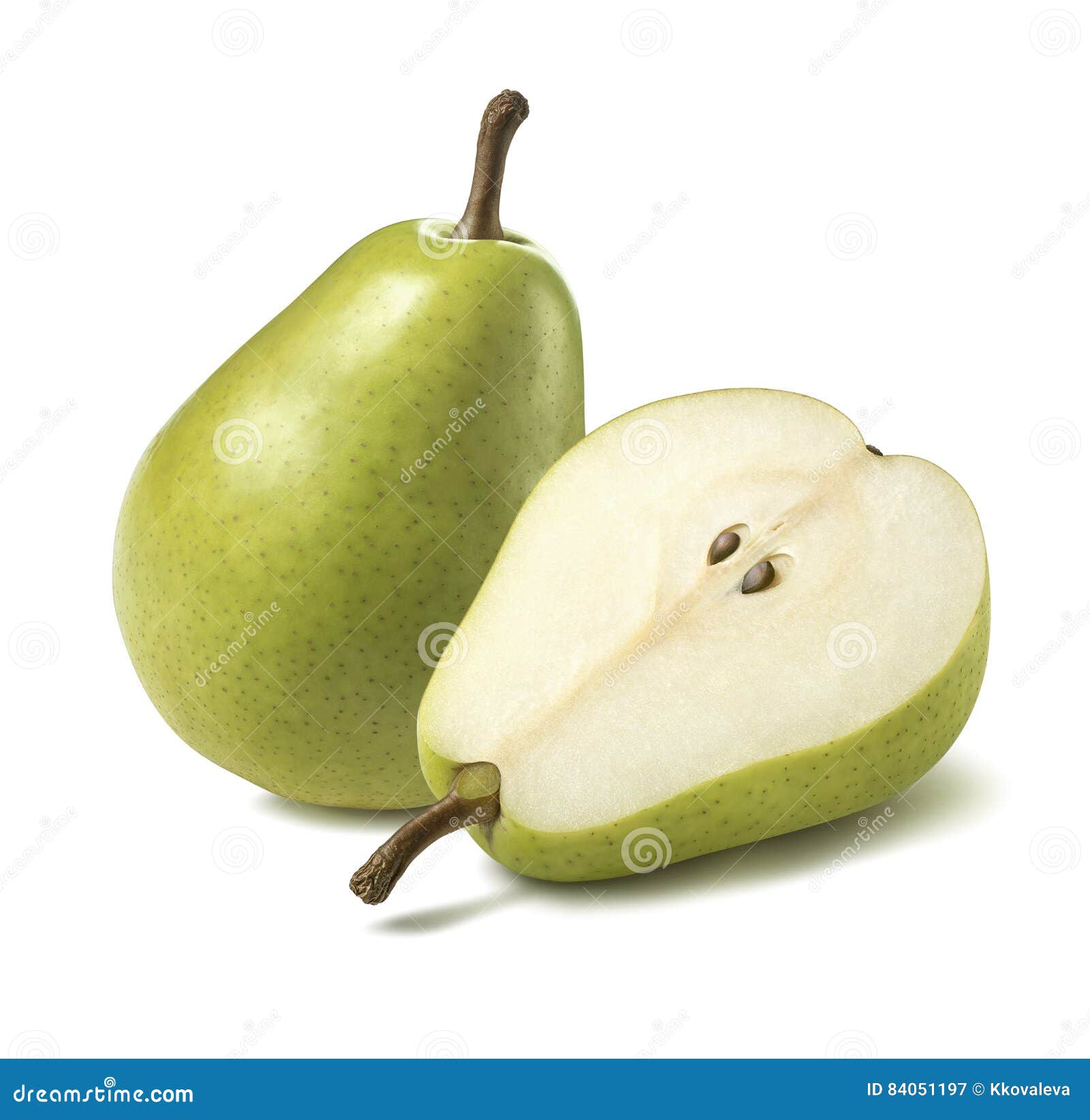 green pear half lies flat  on white background
