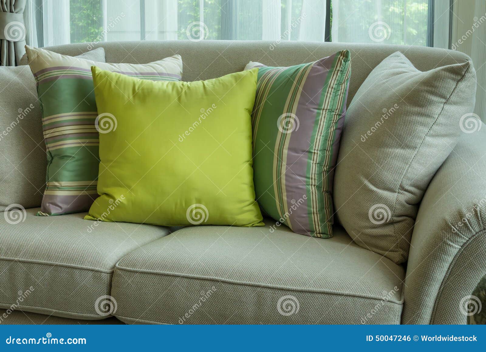 Green Pillows on Modern Sofa Stock Photo Image of brown, estate 50047246