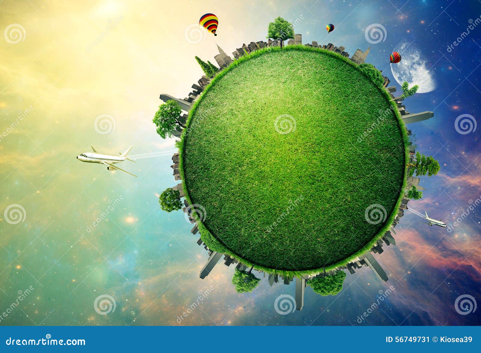 green planet earth covered with grass city skyline