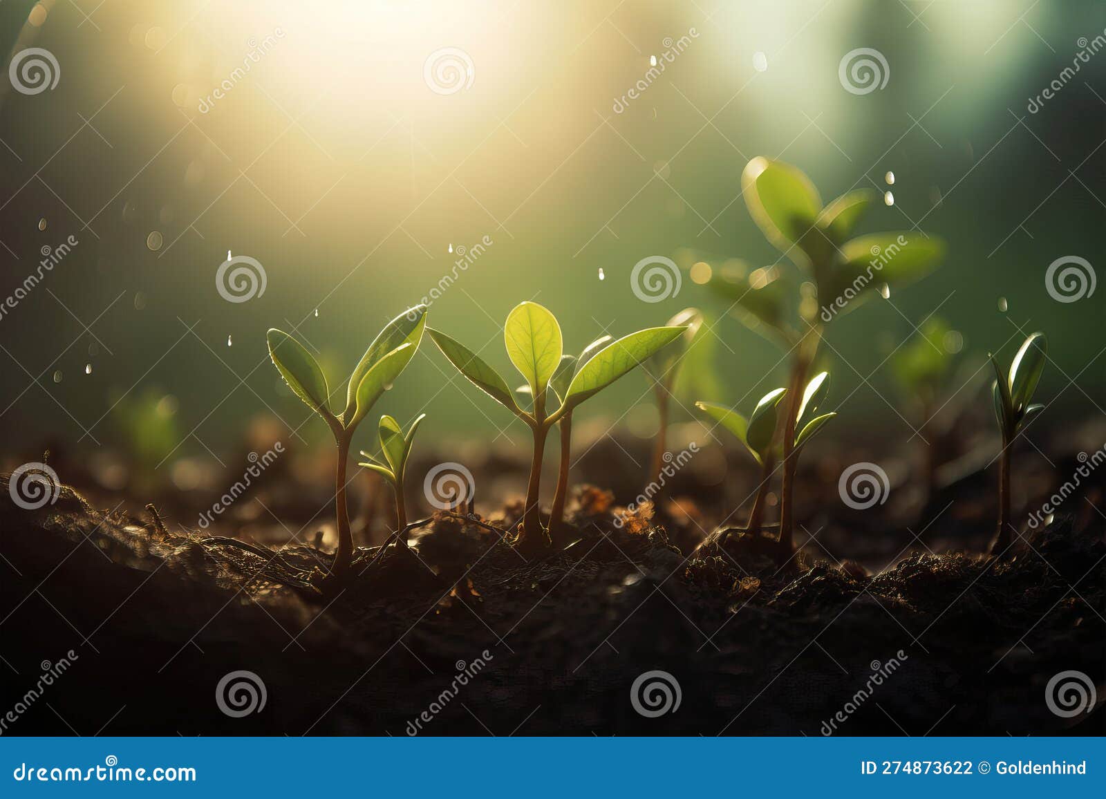 Green Plants Growing Towards the Sun and Rain Drops Falling on the Soil