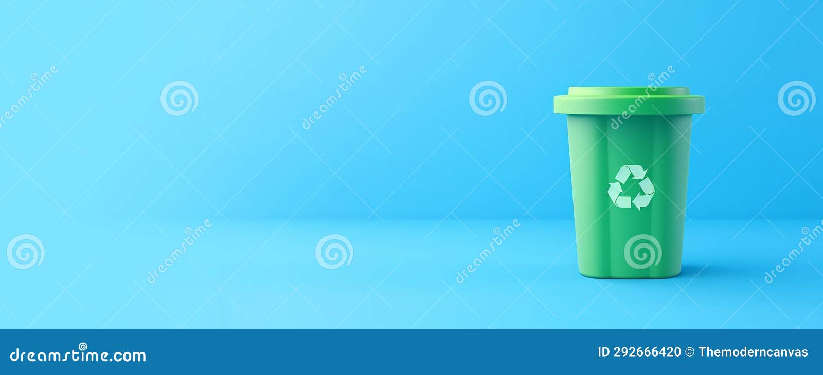 Green Plastic Recycle Bin Eco Banner with Copy Space Isolated on Blue Background Stock