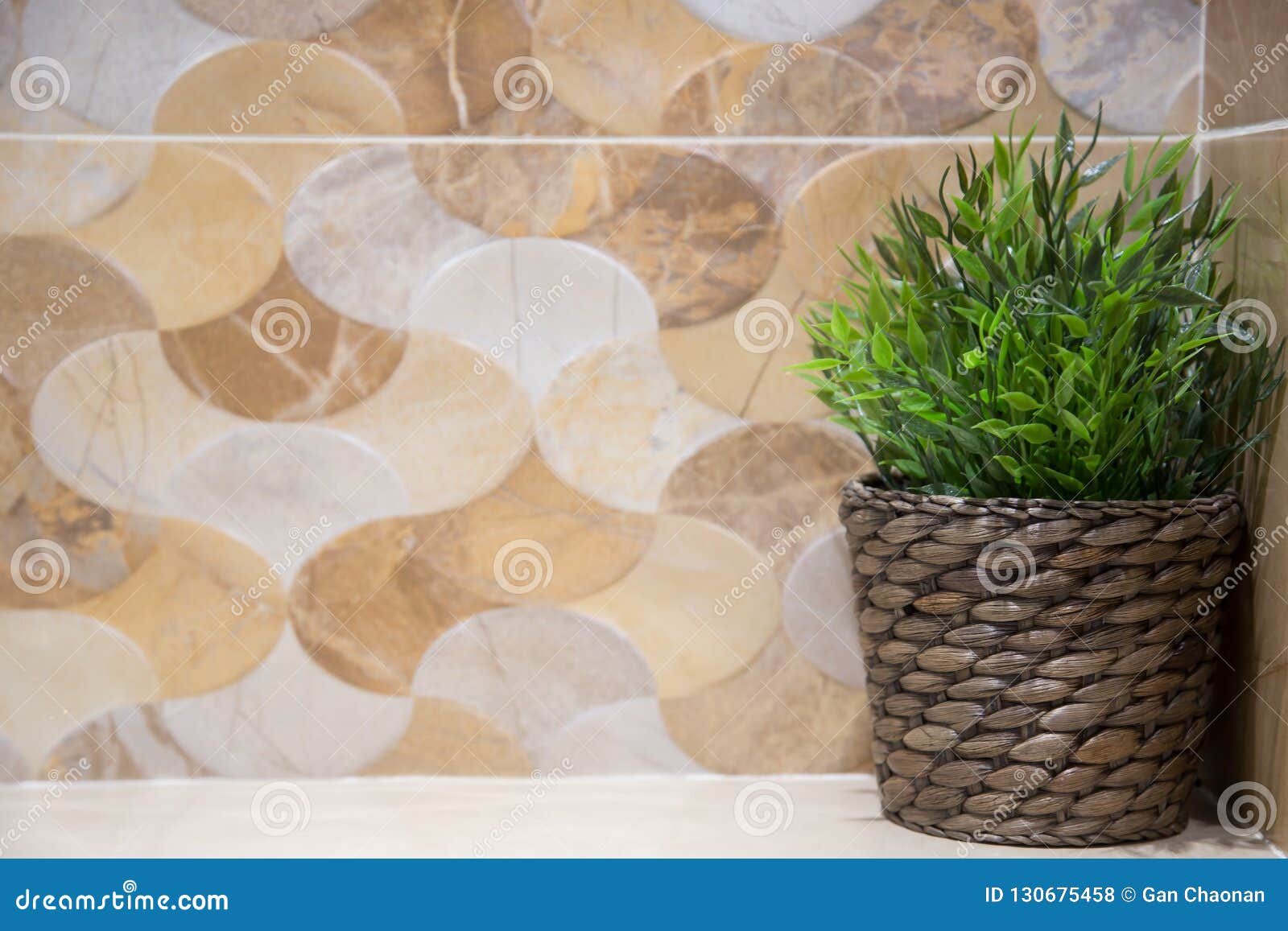 Green Plastic Tree Placed In The Bathroom. Stock Photo