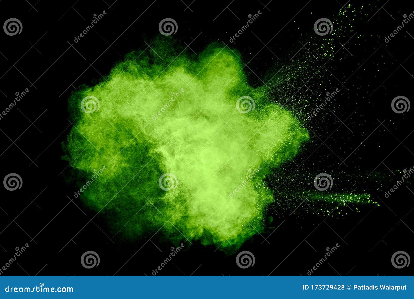 Green Powder Explosion on Black Background.Green Dust Particles Splash