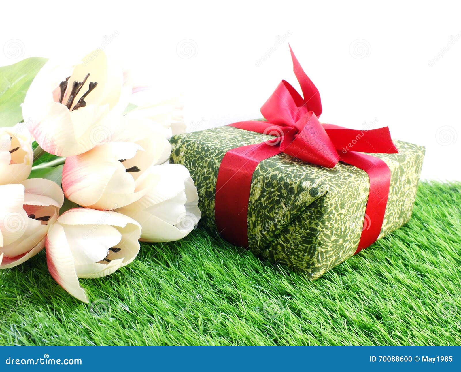 Green Present Gift Box with Red Bow and Flowers Artificial Bouquet