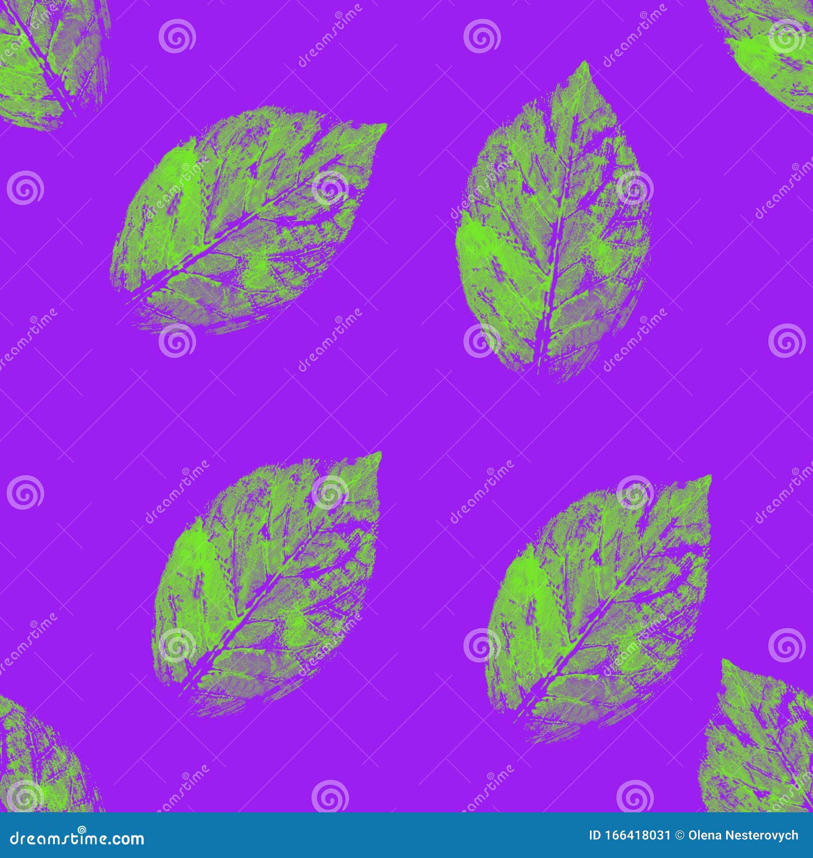Green and Purple Abstract Leaves Silhouette Seamless Pattern. Hand