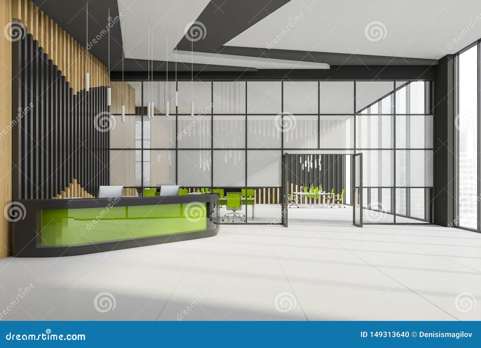 Green Reception Desk In Open Space Office Stock Illustration