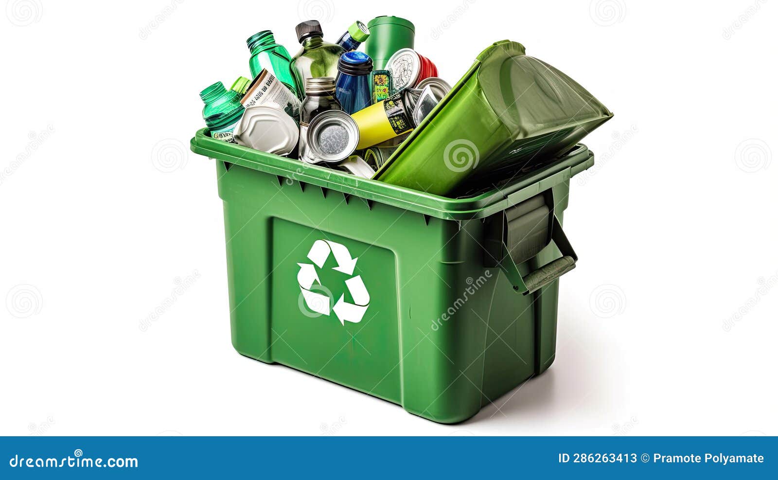 A Green Recycling Bin Full of Recyclable Items Isolated on a White Background. Generative Ai