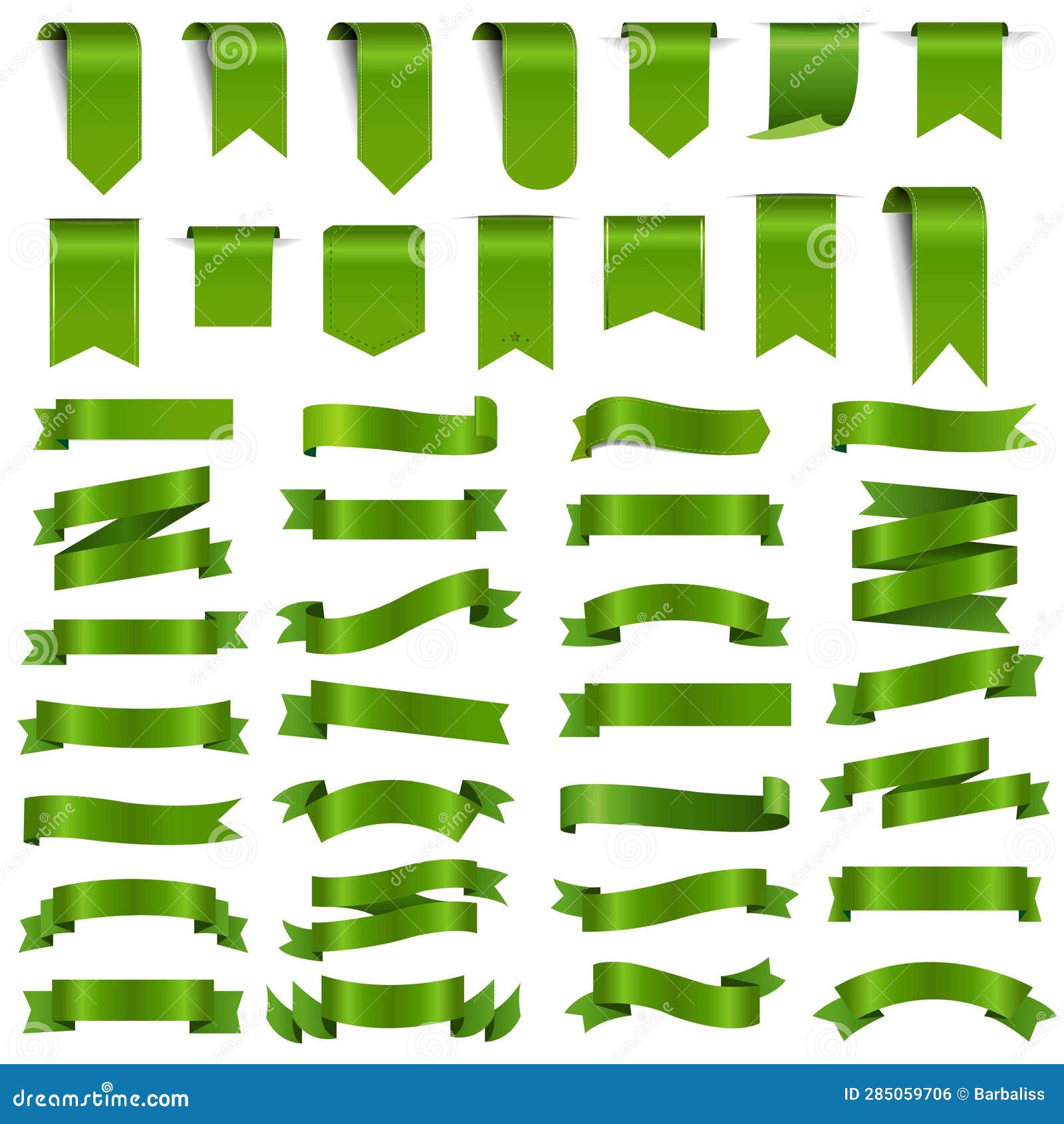 green ribbons big set white background