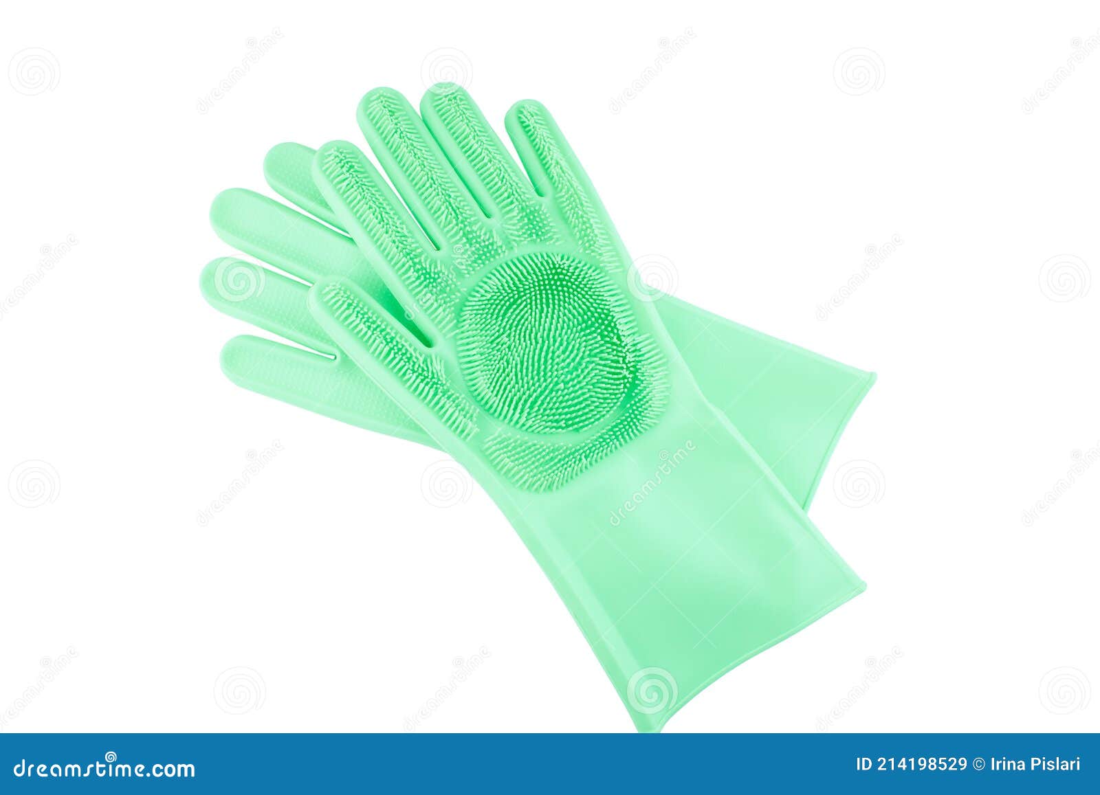 Green Rubber Gloves with Microfibers Isolated on White. Stock Image
