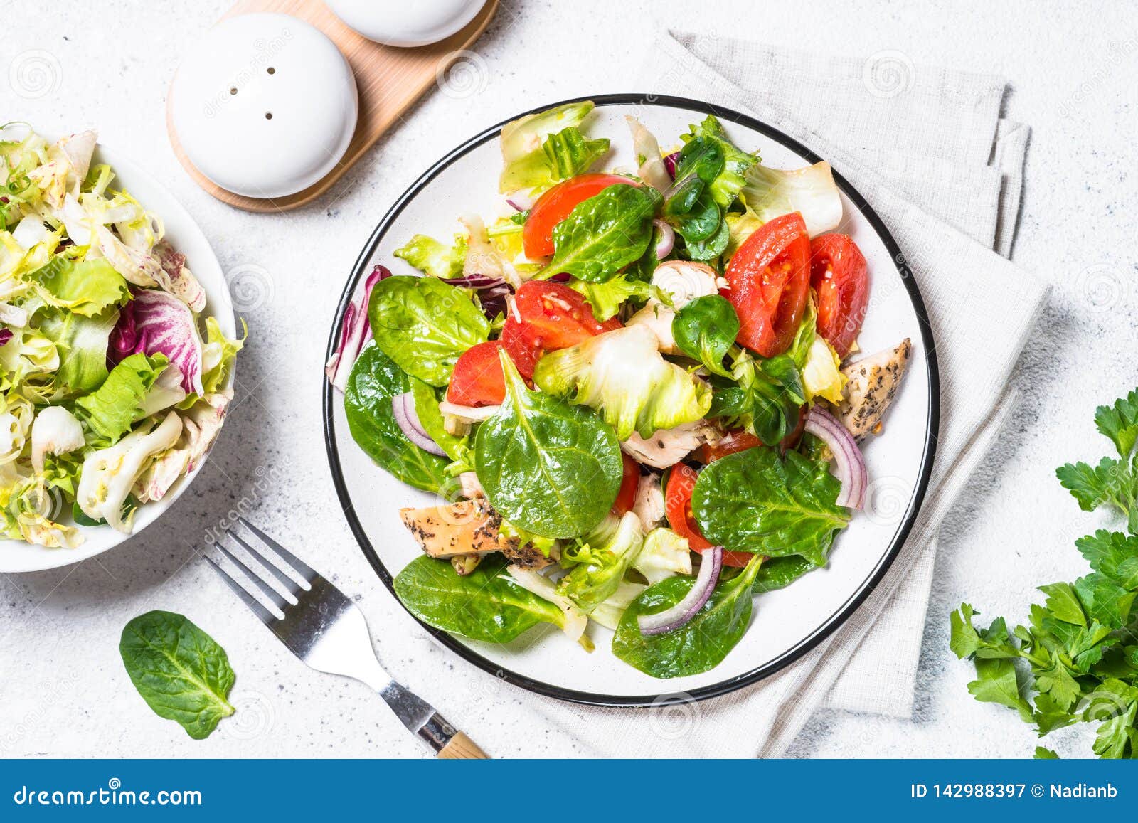 Green Salad with Chicken and Vegetables on White. Stock Image - Image ...