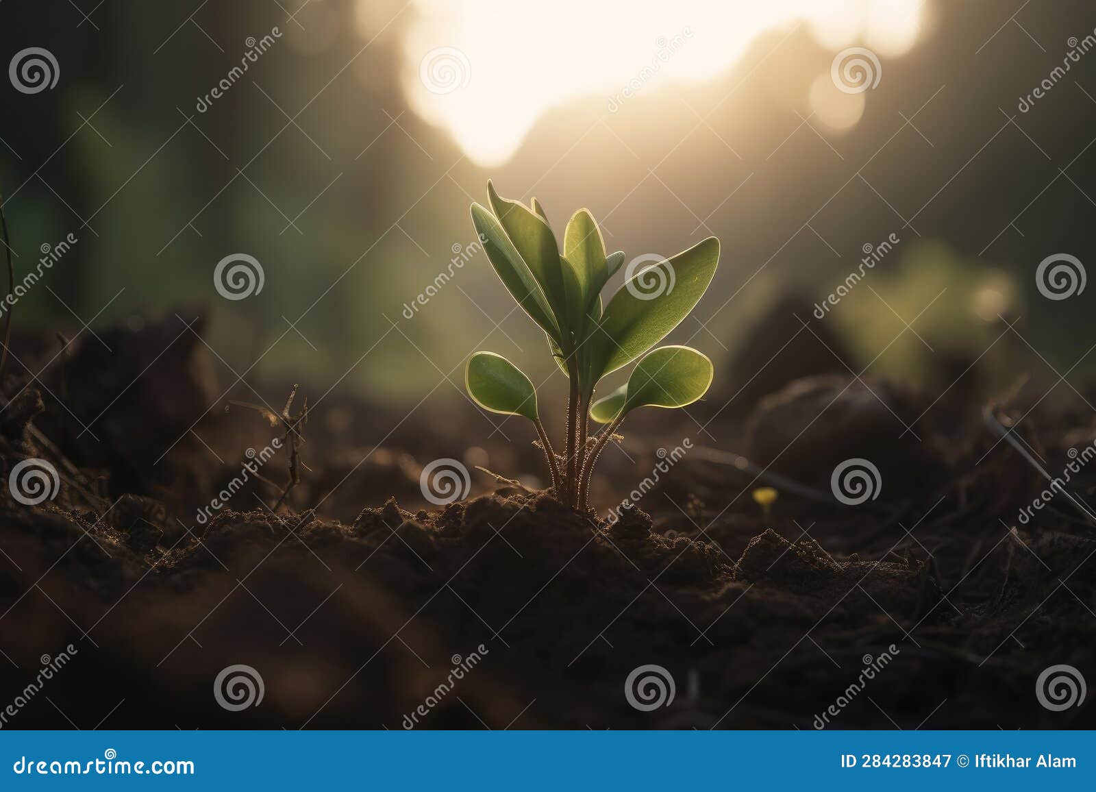 Green Seedling Growing from Seed in the Morning Light with Copy Space