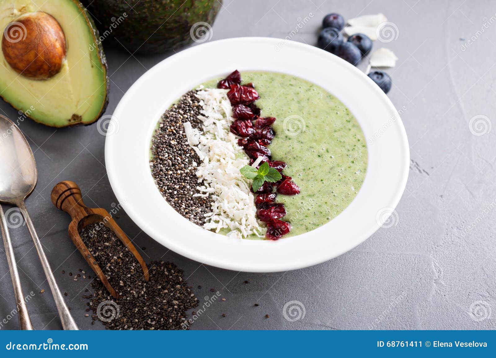 Green Smoothie Bowl with Avocado and Chia Seeds Stock Image - Image of ...