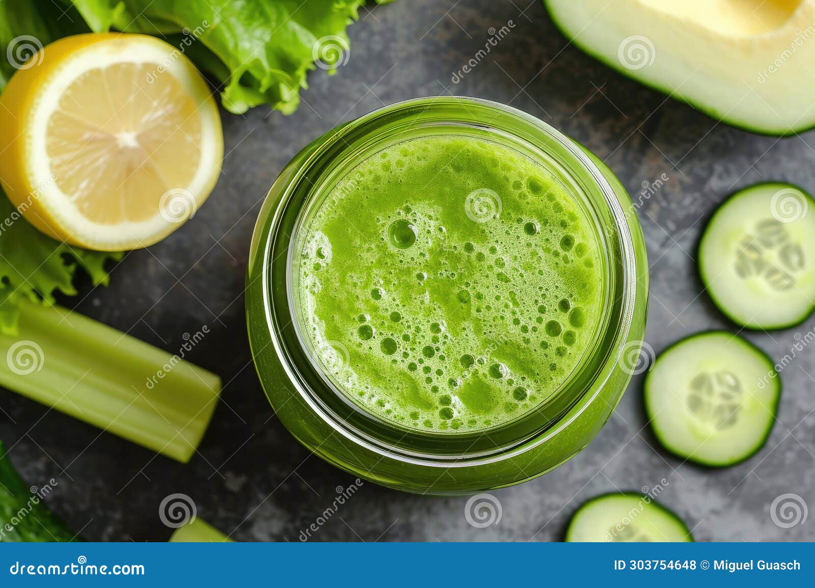Green Smoothie with Celery, Cucumber and Lemon, Top View Stock