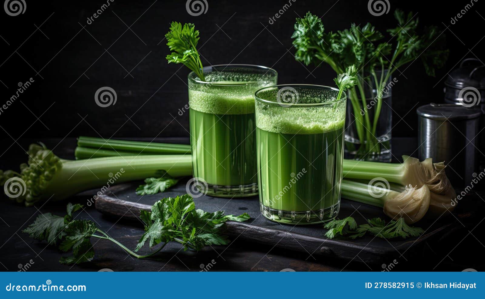 Green Smoothie with Celery and Spinach, Dark Background Stock