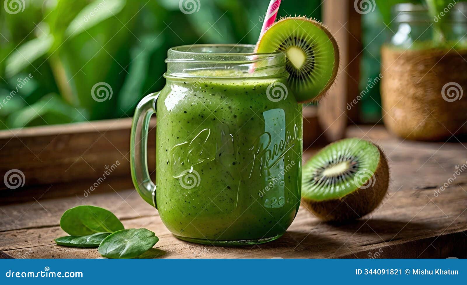green smoothie juice jar kiwi slice garnish fresh spinach leaves whole kiwi fruits nutritious beverage