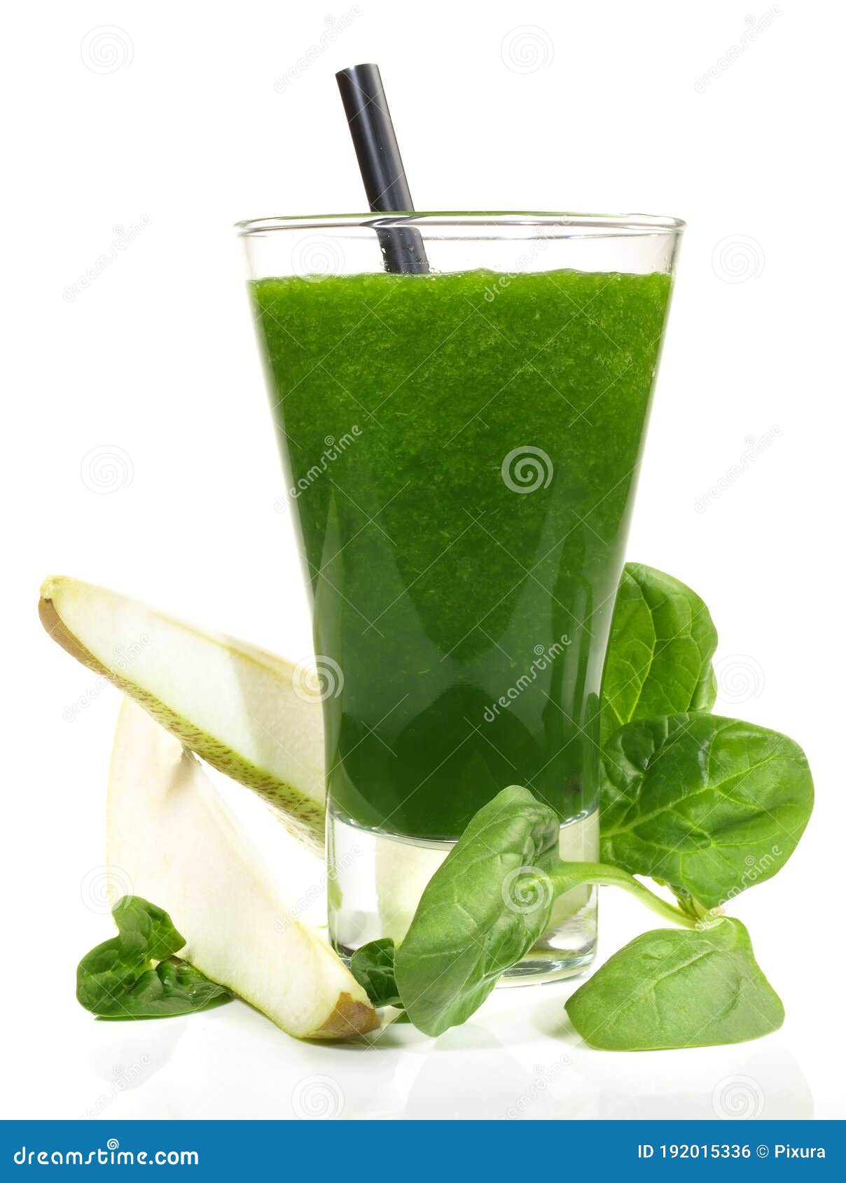 Green Smoothie with Pear and Spinach Isolated on White Background Stock