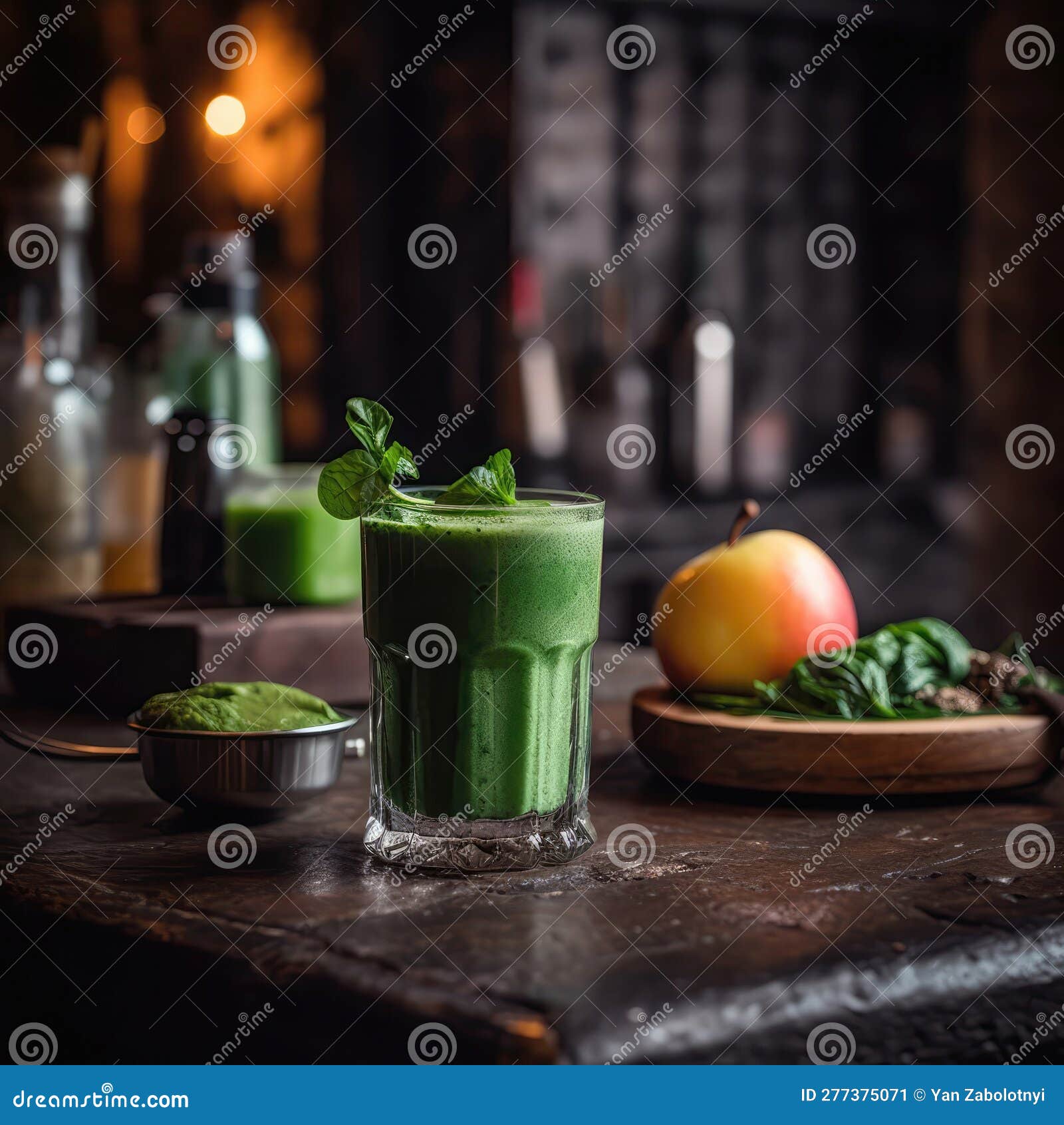 green smoothie on stone in rustic pub. generative ai