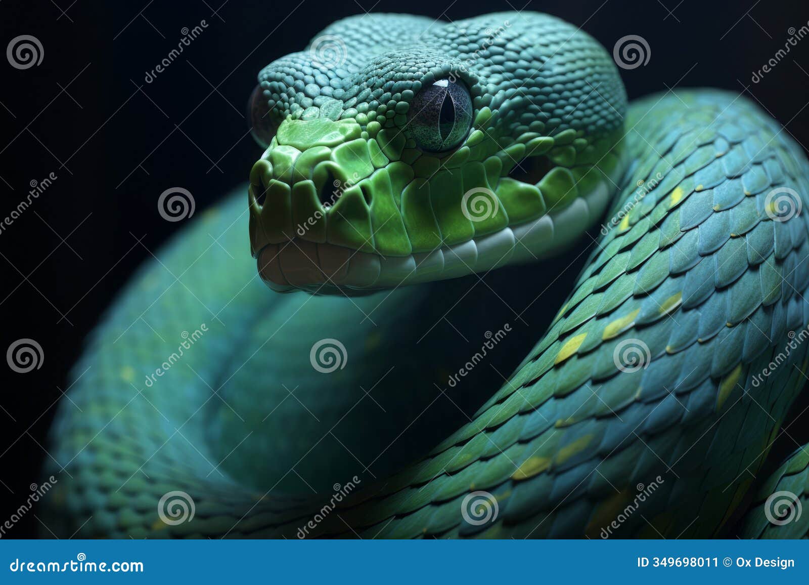 green snake front view with black background, animal closeup. generated ai