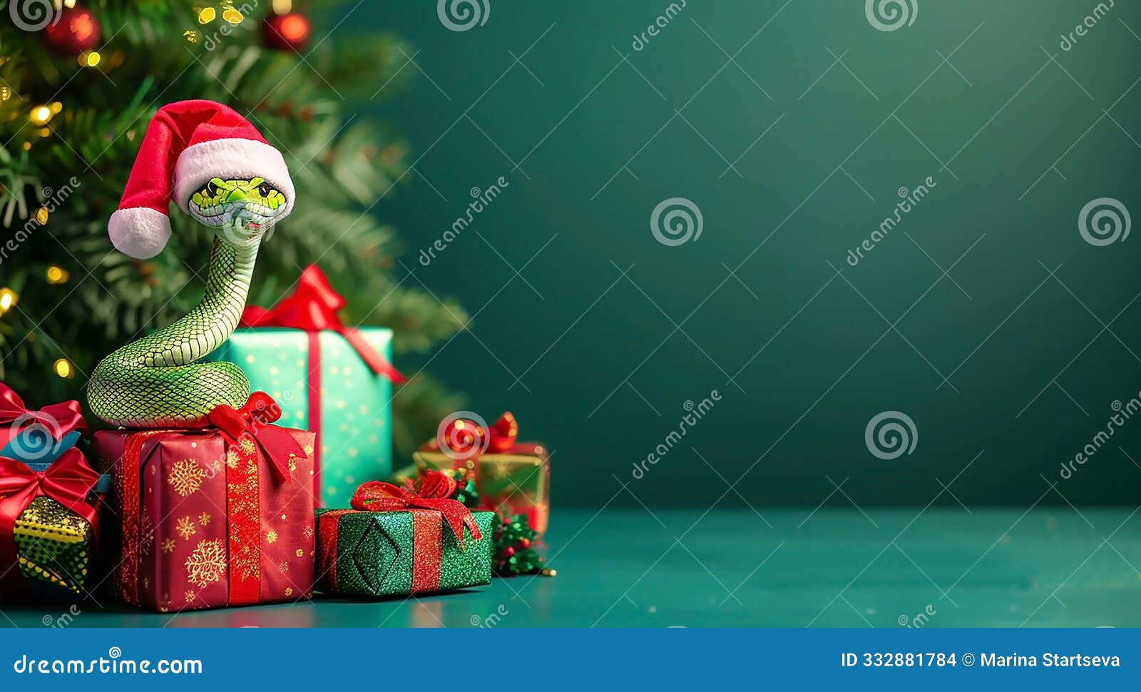 a green snake in red santa claus hat and decorative gift boxes on the background of a christmas tree and bright bokeh