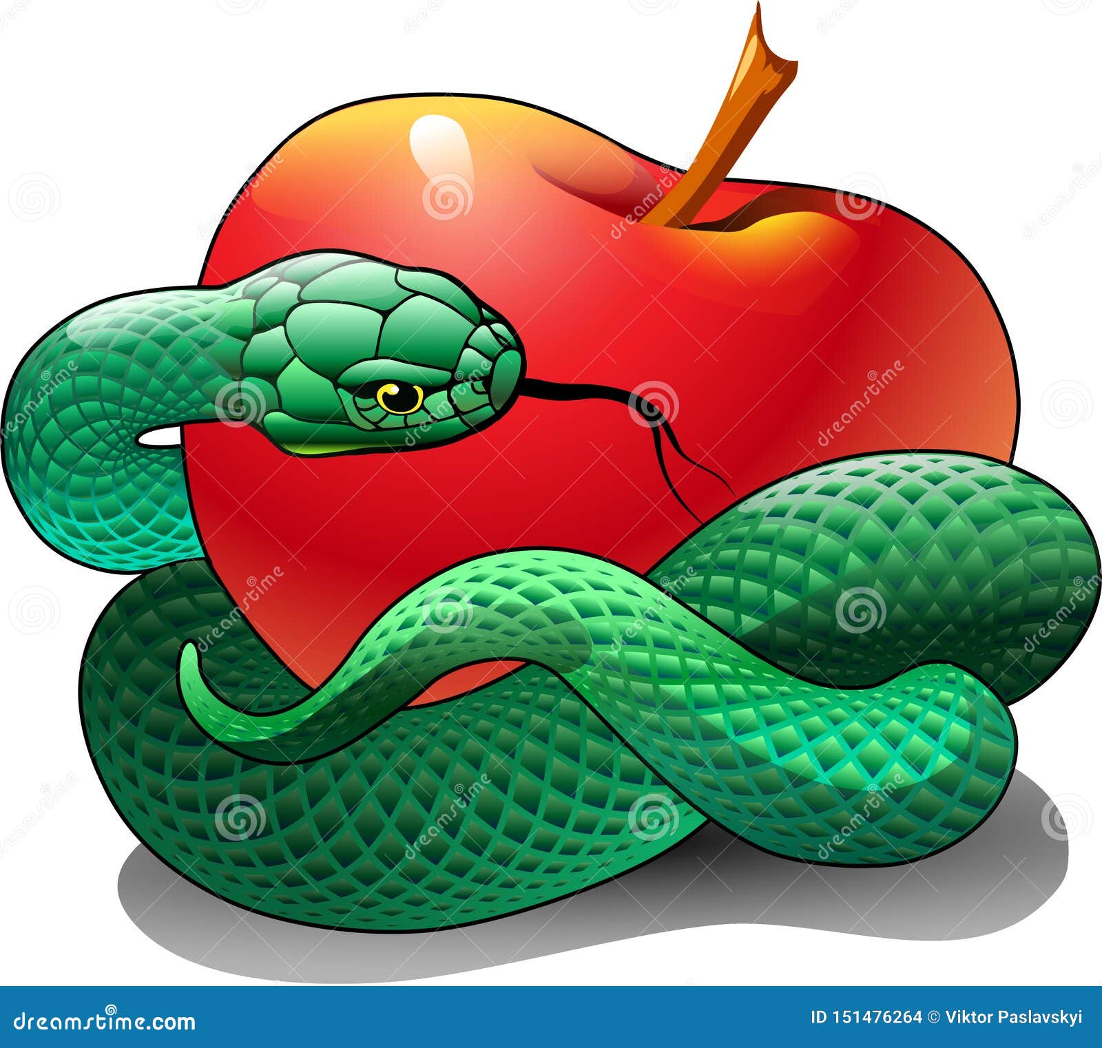 a green snake is wrapped around a red apple