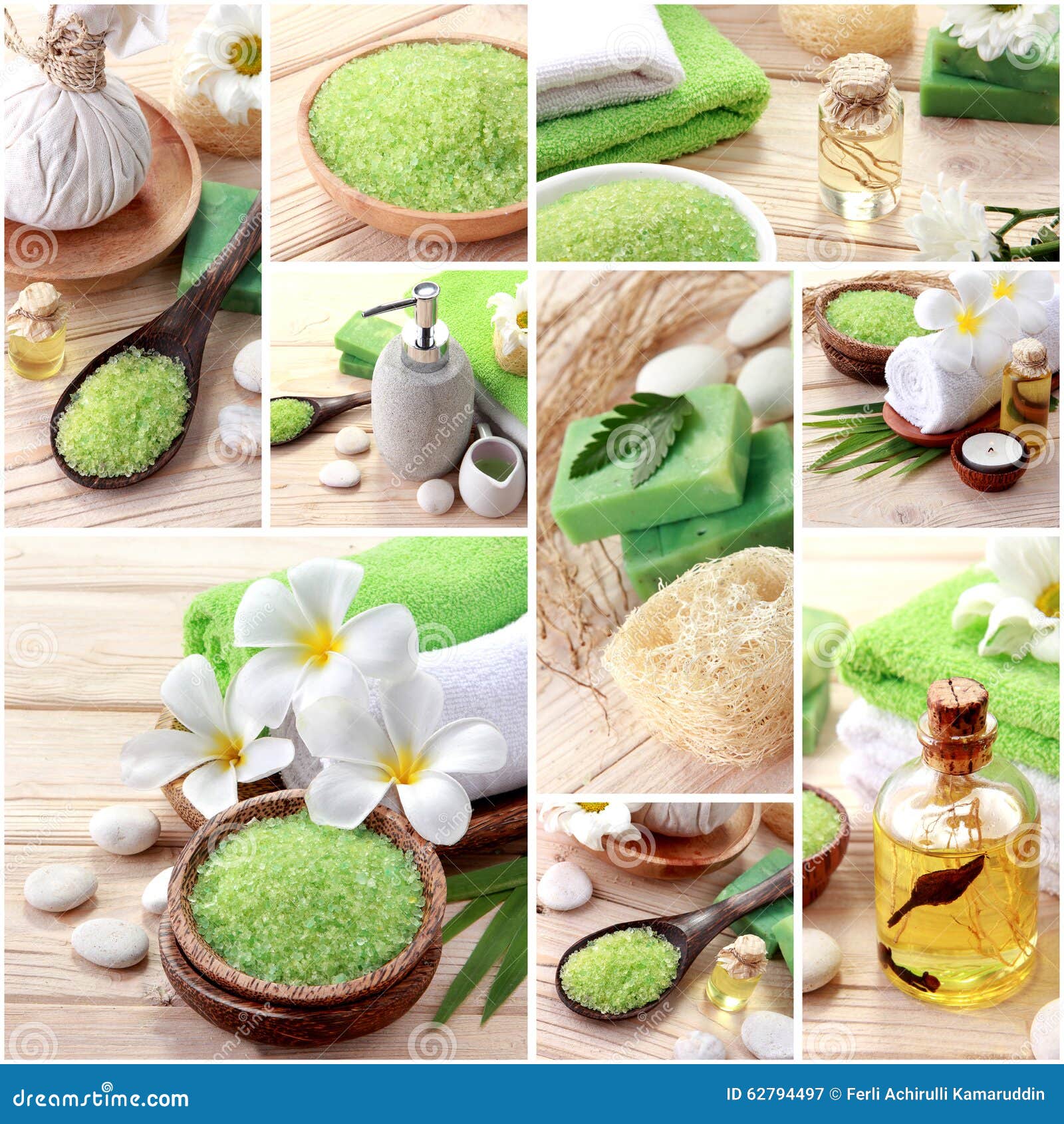 Green Spa Concept Collage. Soap and Essensials Spa Objects Stock Image