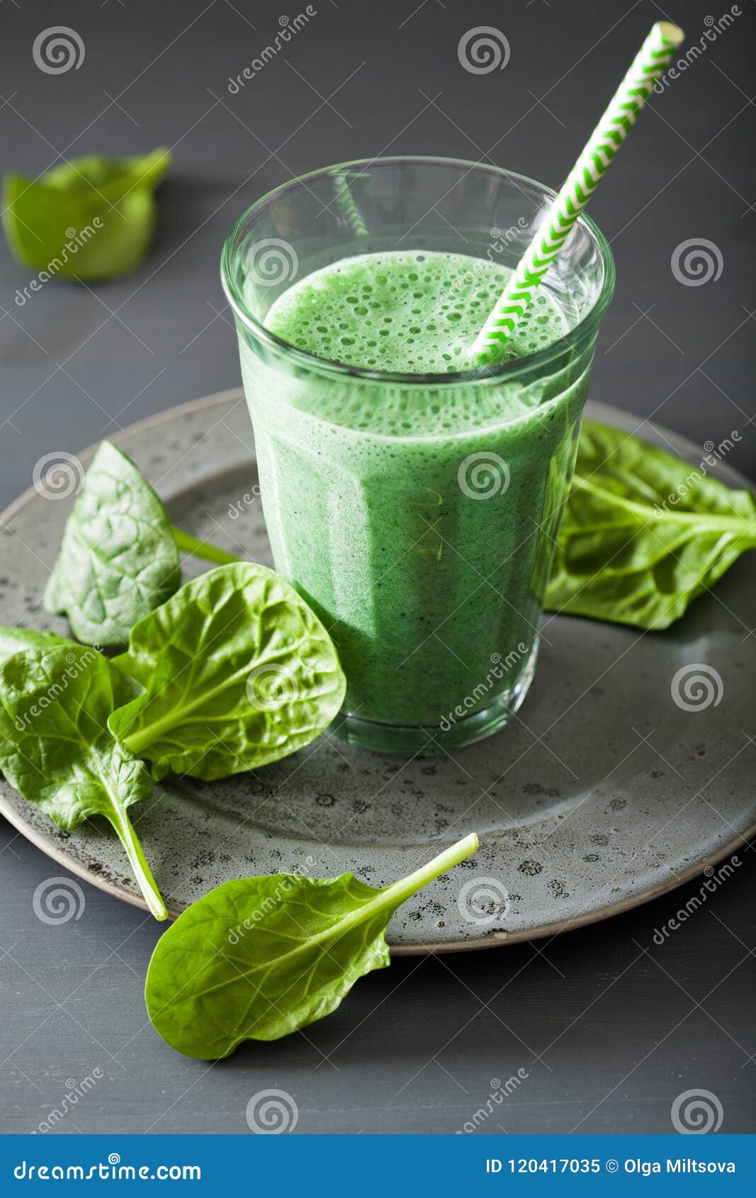 Green Spinach Smoothie with Spirulina, Chia Seed, Lime, Apple Stock