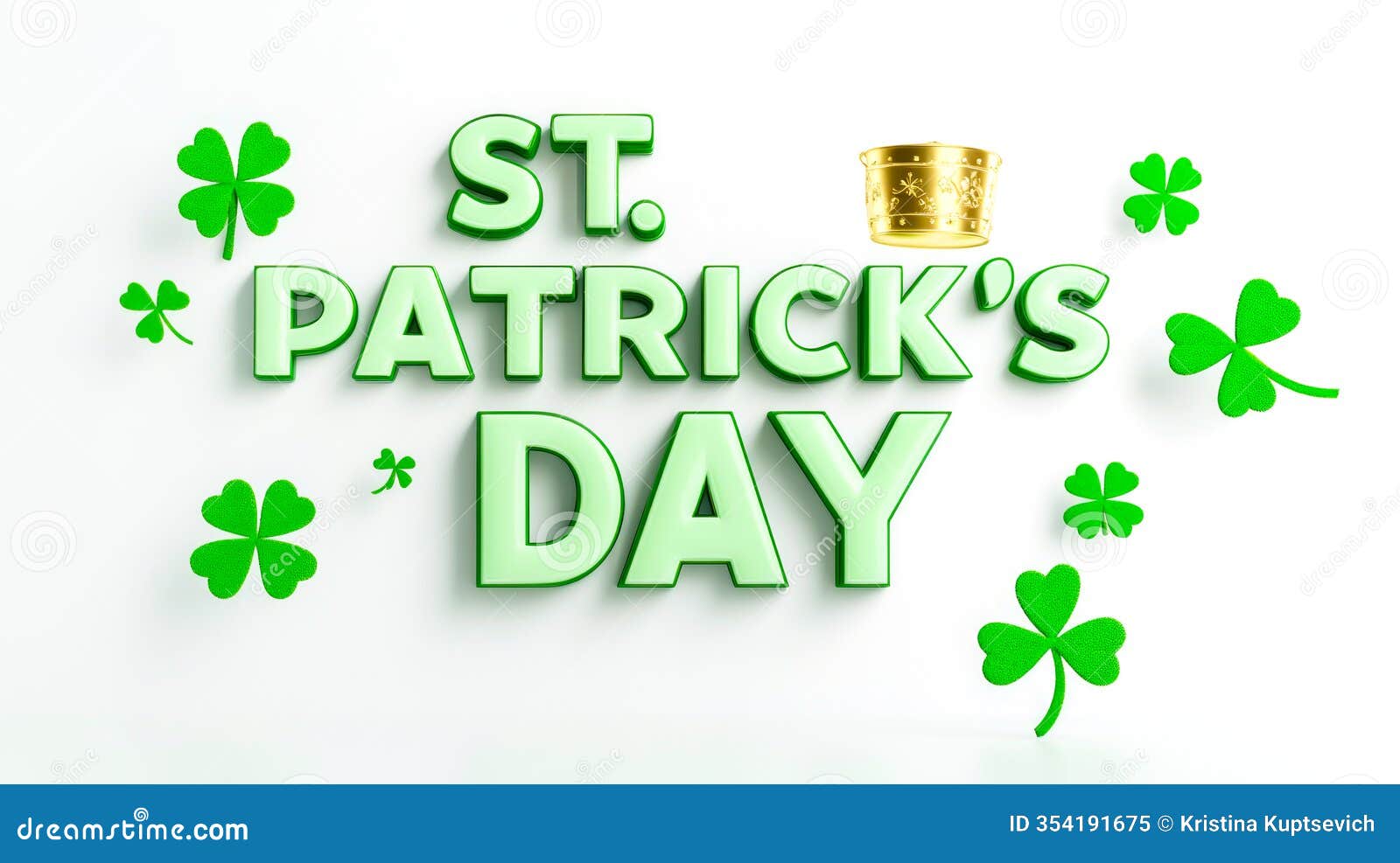 green "st. patrick's day" text surrounded by shamrocks and golden pot icon