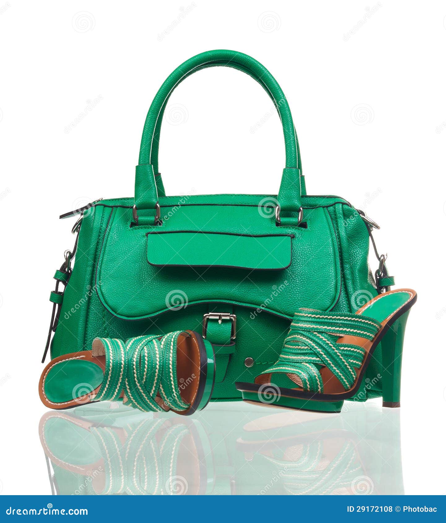 Green Summer Shoes and Handbag Over White Stock Photo Image of female