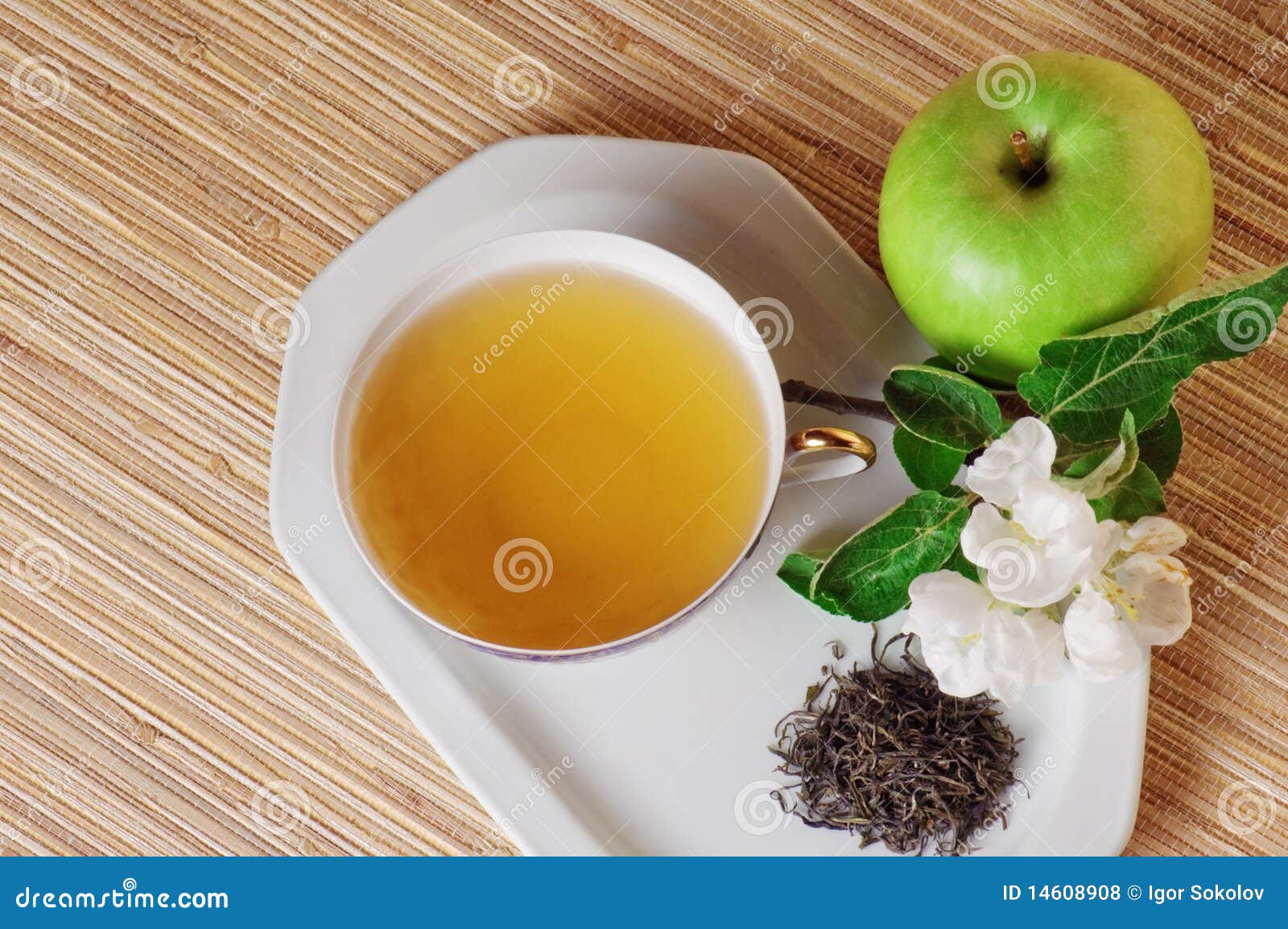 Green tea and apple stock photo. Image of plate, food 14608908