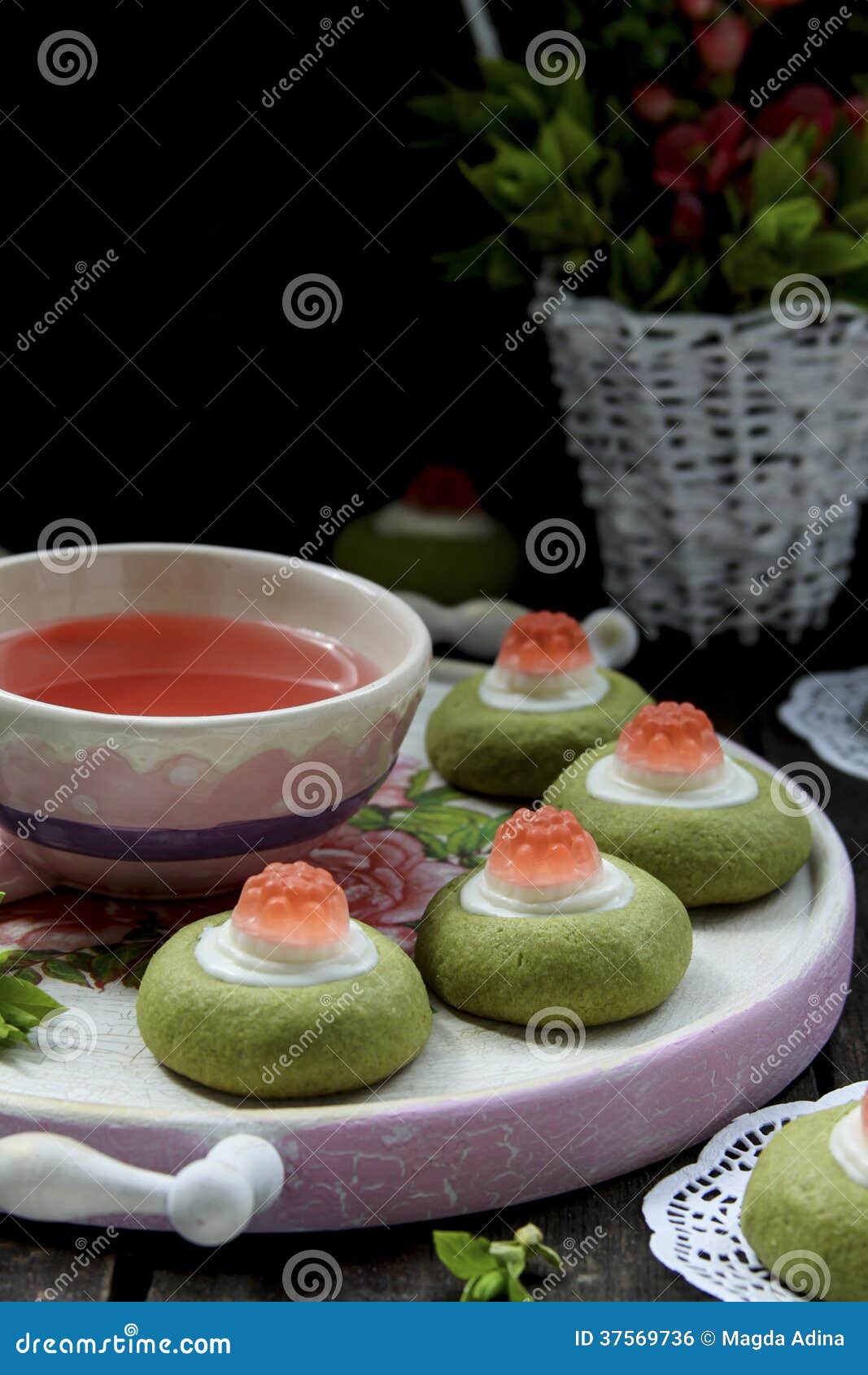 Green Tea Biscuits with White Chocolate and Jelly Stock Photo Image