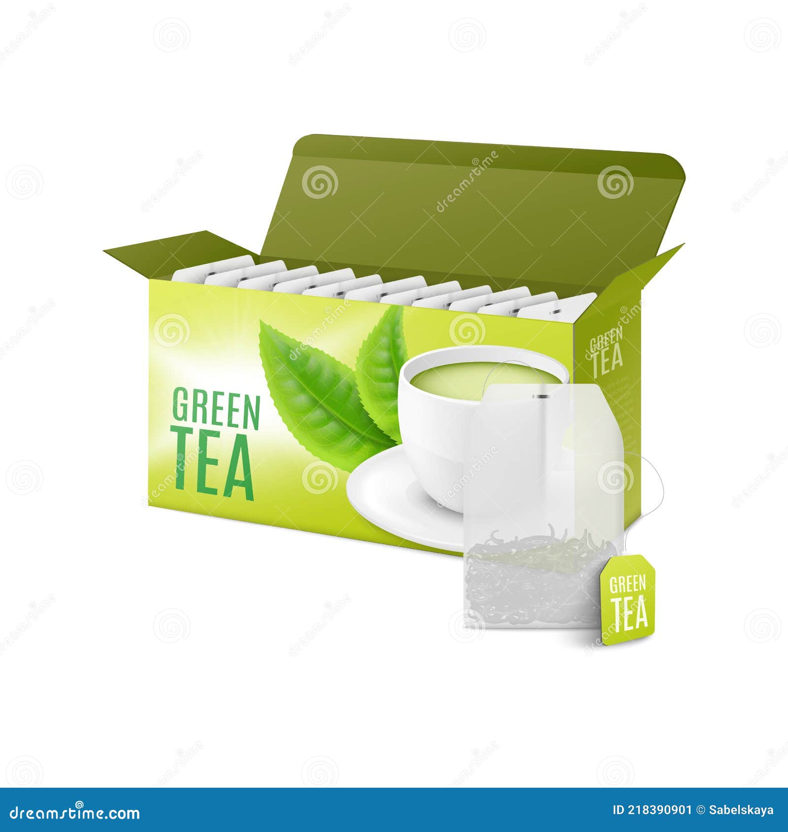 Green Tea Box and Teabag - Realistic 3D Mockup with Packaging Design ...