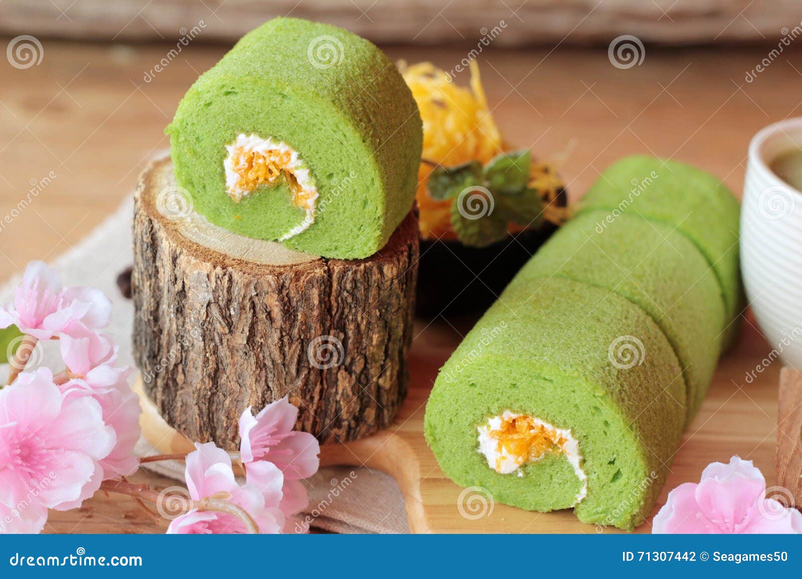 Green Tea Cake Roll and Matcha Green Tea. Stock Photo Image of sweet, cream 71307442