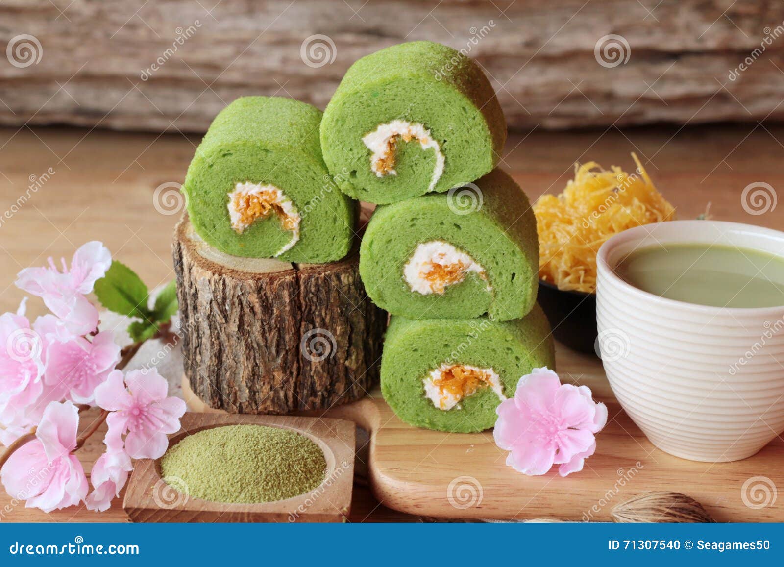 Green Tea Cake Roll and Matcha Green Tea. Stock Photo Image of matcha, powder 71307540