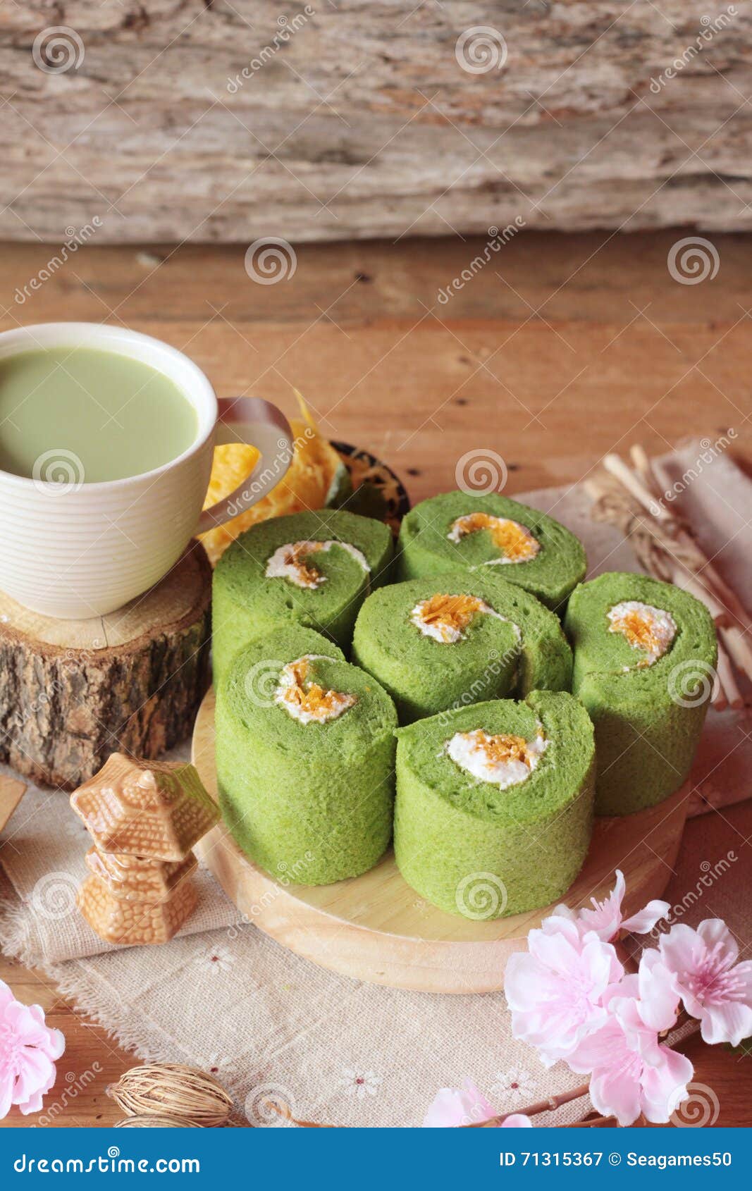 Green Tea Cake Roll and Matcha Green Tea. Stock Image Image of beverage, white 71315367