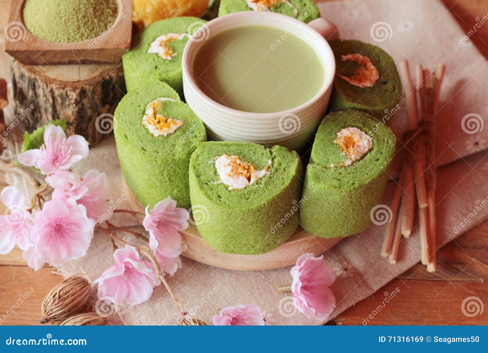 Green Tea Cake Roll and Matcha Green Tea. Stock Image Image of snack, sweet 71316169