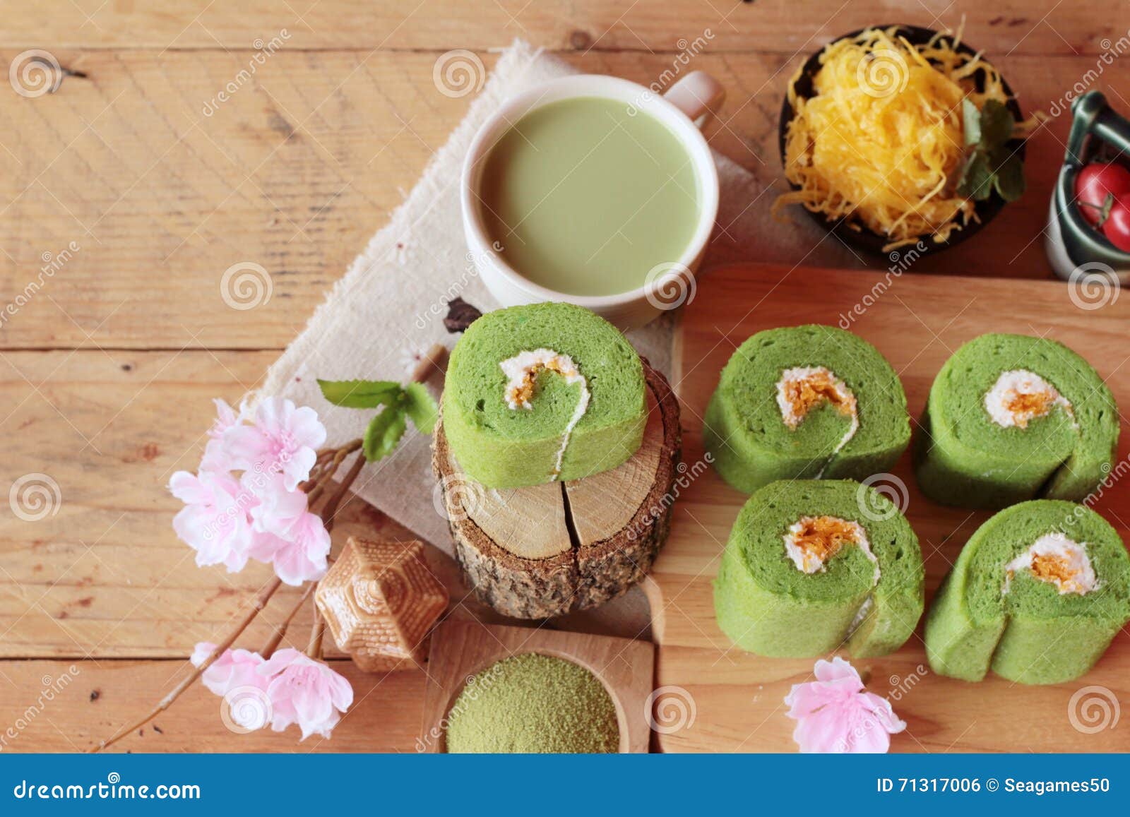 Green Tea Cake Roll and Matcha Green Tea. Stock Photo Image of baked, asian 71317006