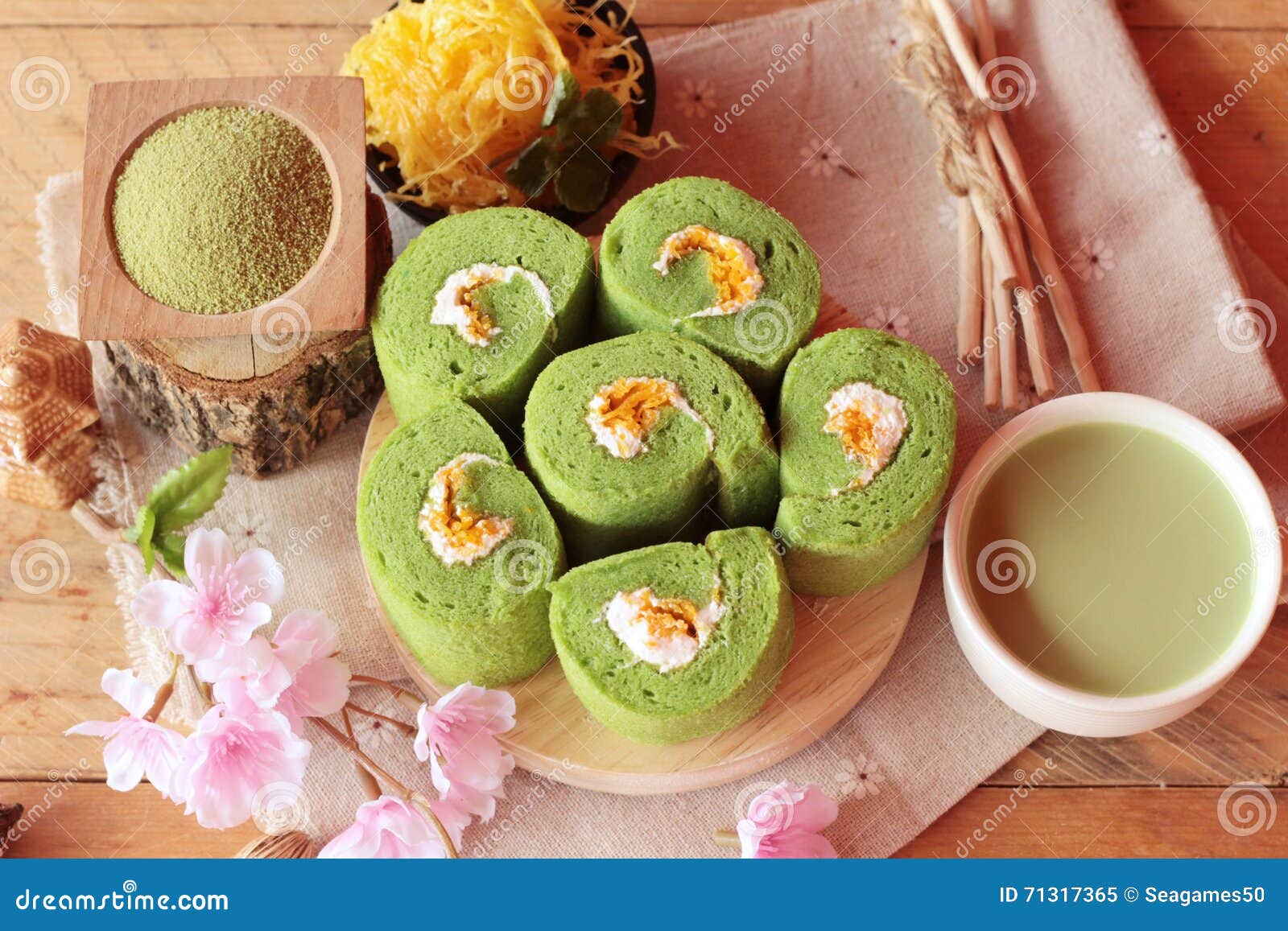 Green Tea Cake Roll and Matcha Green Tea. Stock Image Image of sweet, snack 71317365