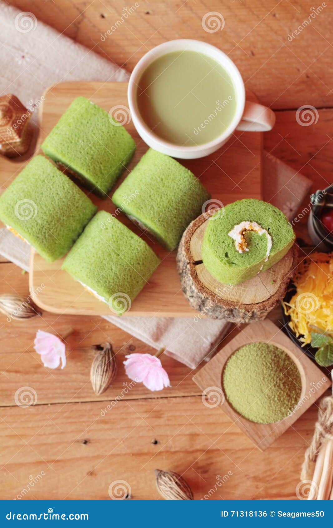 Green Tea Cake Roll and Matcha Green Tea. Stock Photo Image of delicious, herbal 71318136