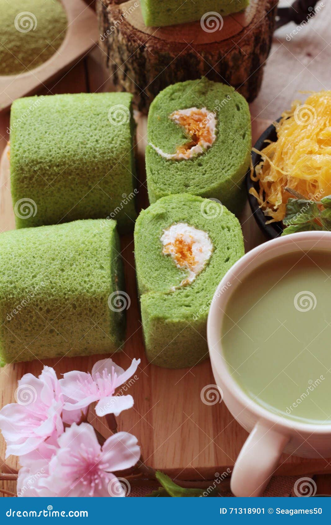 Green Tea Cake Roll and Matcha Green Tea. Stock Image Image of cream, aromatic 71318901